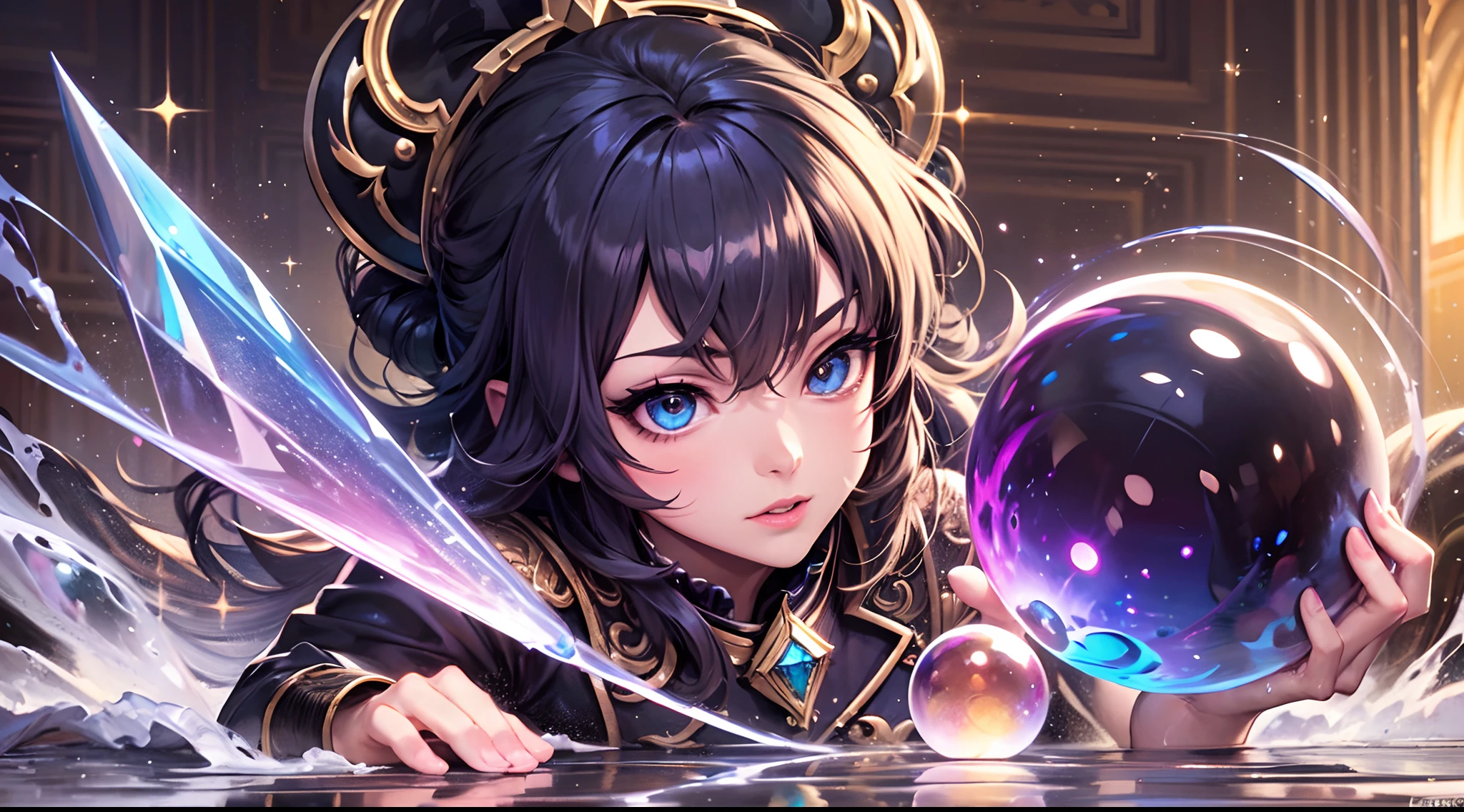 (intricately detailed illustration of a Anime Villain), Smart, Evil, planning, (colorful Crystal balls), Fullbody, Closeup, Sparkles, Colorful splashes, Lois van Baarle, League of Legends, Vector, (Elaborate Cubic World), Complex crystal orbs, ornate Cubic Buildings, Stunning enviroment,(masterpiece:1,2), best quality, masterpiece, highres, original, extremely detailed wallpaper, perfect lighting,(extremely detailed CG:1.2), drawing, paintbrush, --auto --s2