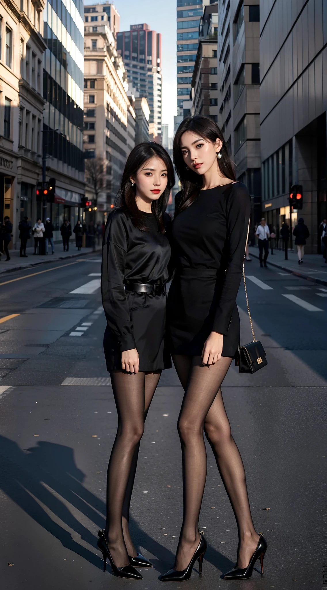 Single ball head,mature,Heavy makeup,Ultra-fine heel,Dark colorless pantyhose,ear studs,Long legs,are standing,Plenty of lighting,8K,In the square,In the daytime,Two people standing together