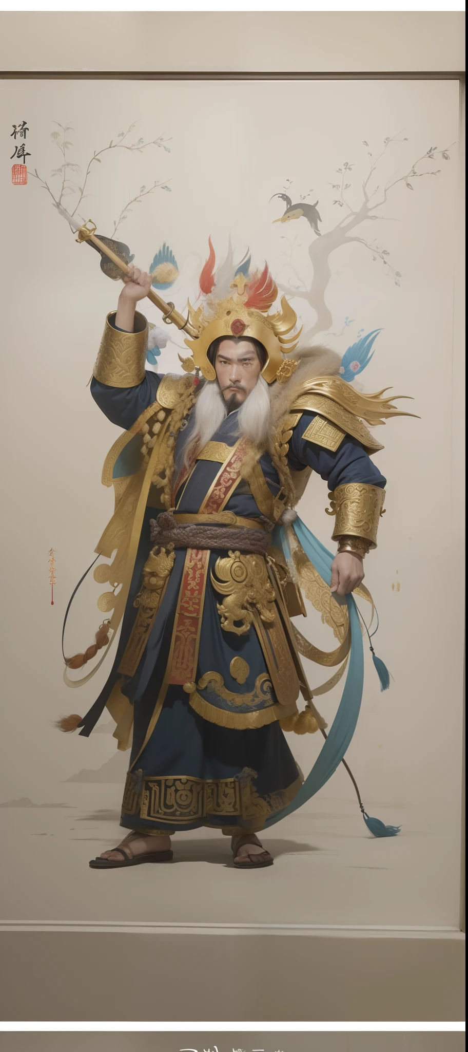 Four Heavenly Kings：The image of the four heavenly kings is drawn in the New Year painting，Each king has his own characteristics and image characteristics，Such as holding a sword、Holding an umbrella、Holding a lute、Holding snakes, etc。
Door God：The door god is a common image in traditional Chinese culture，It is generally used to guard portals and ward off evil spirits。In the New Year painting，The image of the door god should be majestic and dignified，Qi Yu Xuanang，to highlight its guardian role。
Traditional elements：In the drawing of the Four Heavenly Kings，Add traditional elements，Such as moiré、drak、Phoenix、lions, etc，to highlight the characteristics of Chinese culture。
Vivid colors：In the New Year painting，Use vibrant colors，Such as red、amarelo、Blue, etc，to enhance the visual impact of the picture，At the same time, it is in line with the understanding and preference of color in traditional Chinese culture。
detail-rich：In the drawing of the year painting，Attention to detail handling，Such as the pattern on the costume of the king of heaven、decoration on weapons, etc，These details can make the picture more vivid and realistic。
The background is simple：To highlight the theme of the door god and the four heavenly kings，You can choose a simple background，Like clouds、landscapes, etc，to reduce the interference of background elements on the subject。
line sleek：Use smooth lines to draw the door god and the four heavenly kings，It can make the picture more vivid and natural。