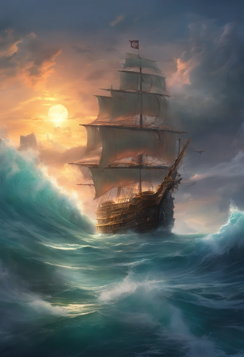 High Quality RAW 16, Create a Pirate Ship , Sailing Lonely in the Ocean in a Storm , tracing, masterpiece, high rendering