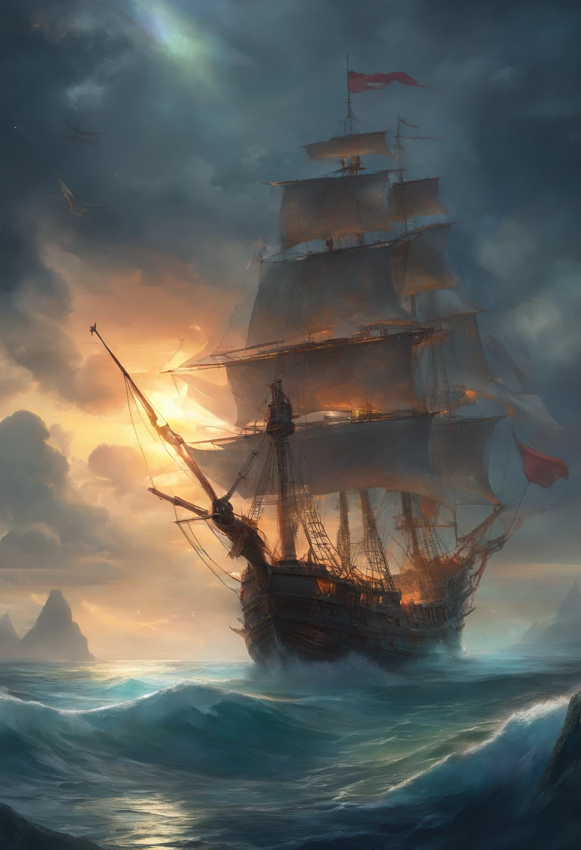 High Quality RAW 16, Create a Pirate Ship , Sailing Lonely in the Ocean in a Storm , tracing, masterpiece, high rendering