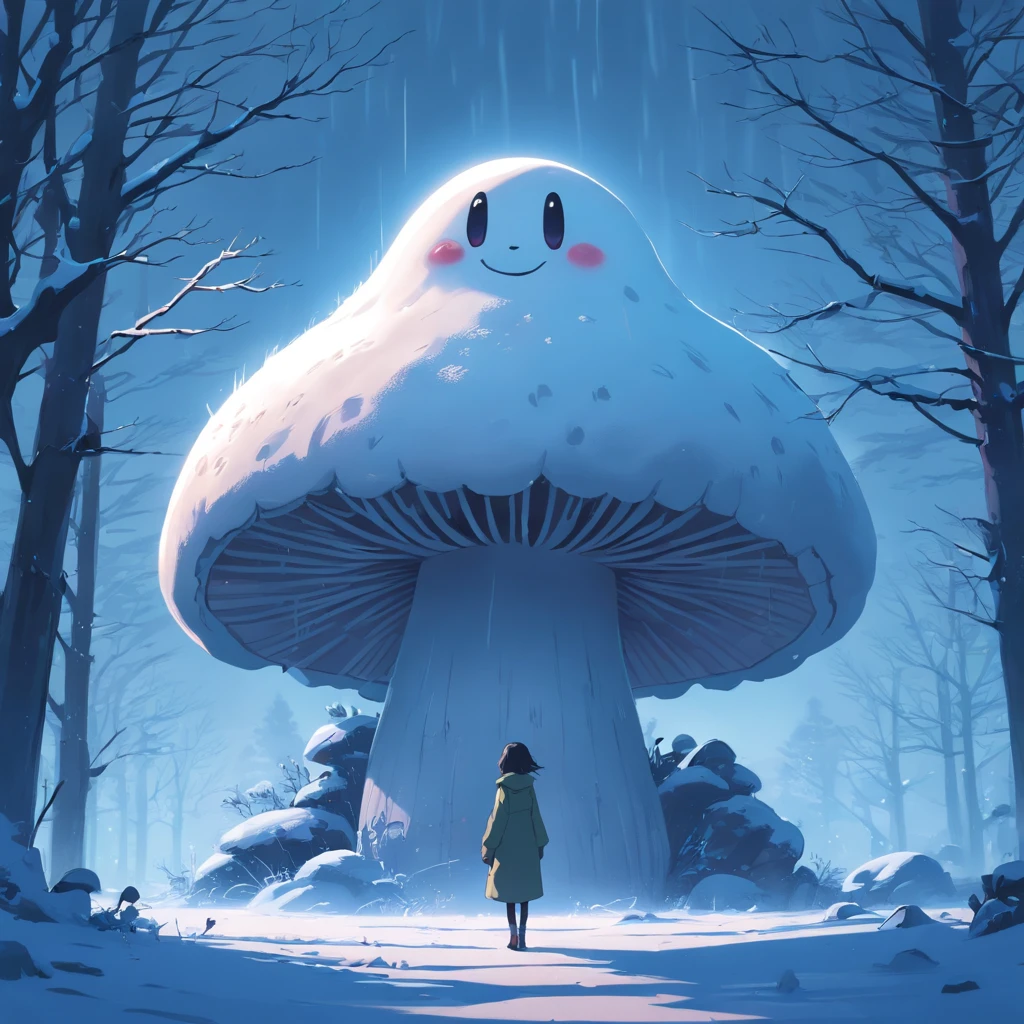 creepy snow-white mushroom, humanoid features, big creepy smile, snowman, eerie atmosphere, fantasy, surrealism, detailed textures, dark shadows, haunting, mystical, otherworldly, mysterious, creepy vibes, contrast, twisted, uncanny, distorted, macabre, gothic, ethereal, cold, winter landscape, bleak, desolate, frozen, monochromatic, ghostly, haunting, eerie lighting, sparse details, sinister, alone in the snow, hauntingly beautiful, nightmarish, eerie glow, unsettling, enigmatic, ominous, supernatural, hauntingly still, creeping, whiteout, chilling, spine-chilling, spine-tingling.