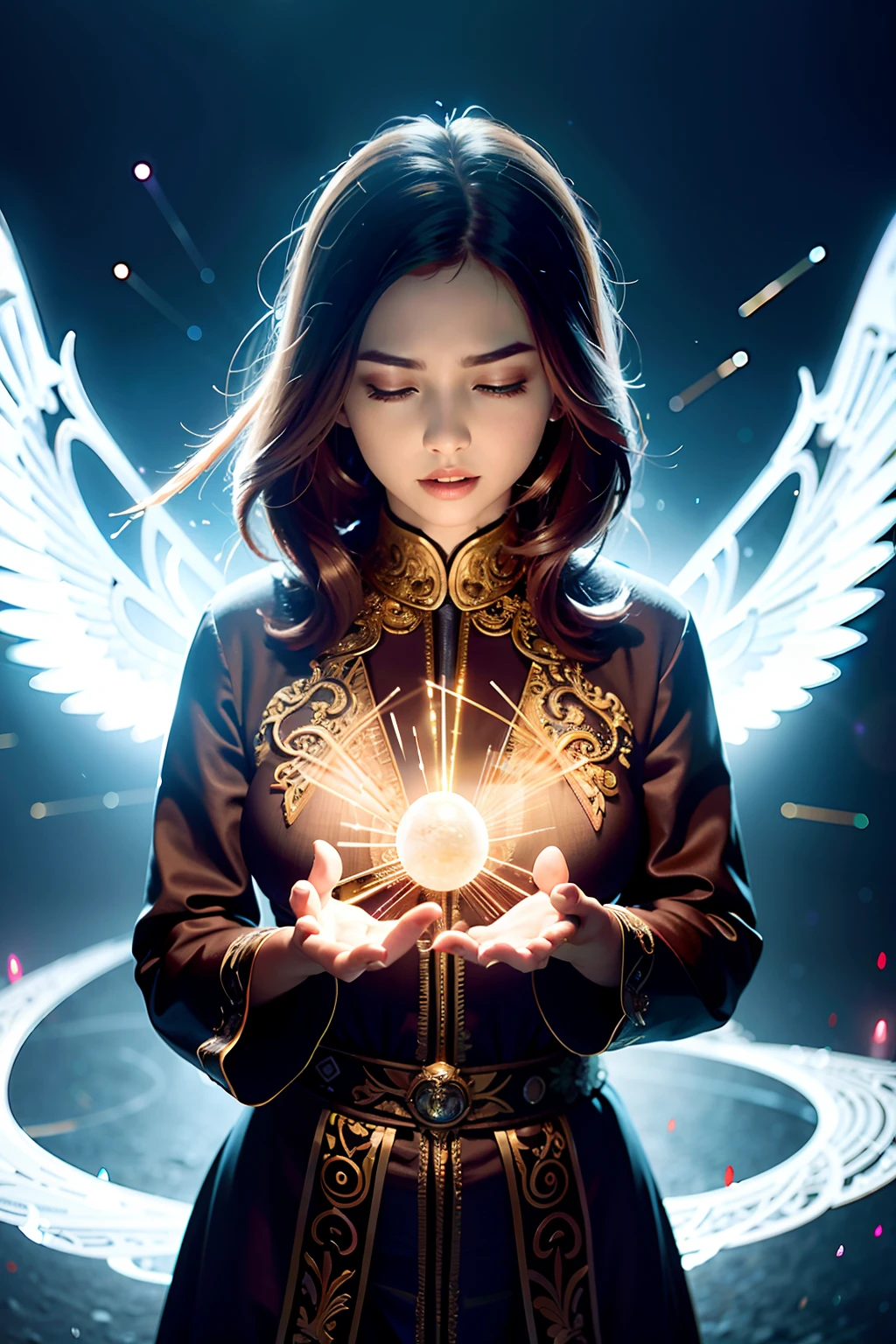 a female demon，Wings，(masterpiece), (best quality:1.4), absurdres, [:intricate details:0.2], 1girl, flowing robe, Complex magic arrays, Glowing runes, shimmering aura, Intense focus, arcane spell, Crackling energy, Floating artifacts, Ethereal staff，Flashing candles，Swirling mist，sparkling motes，Mysterious crystals，Glowing imprint，Complex hand movements，Otherworldly chanting，Mysterious symbol，Powerful prayer，Transcendent consciousness，