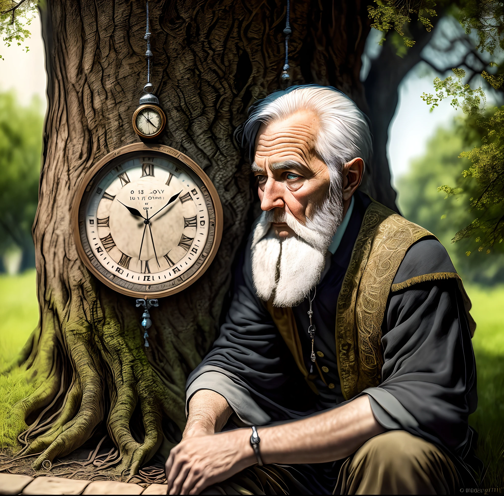 Long beared old wise man sitting under a old oak tree,a young boy inside him,01 ancient wall clock hang on a tree