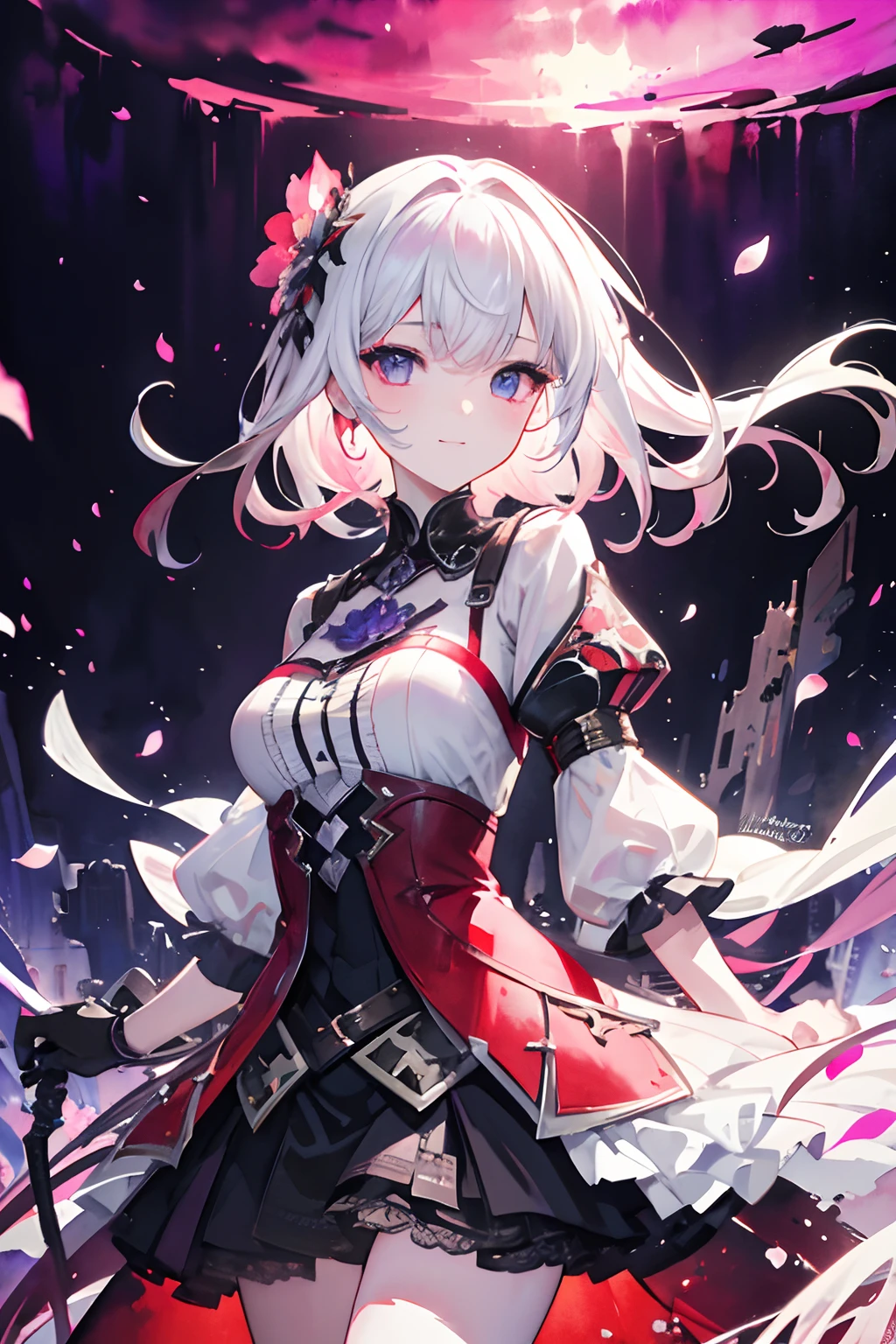 masterpiece, best quality, 1girl, (colorful),(finely detailed beautiful eyes and detailed face),cinematic lighting,bust shot,extremely detailed CG unity 8k wallpaper,white hair,solo,smile,intricate skirt,((flying petal)),(Flowery meadow) sky, cloudy_sky, building, moonlight, moon, night, (dark theme:1.3), light, fantasy,,fantasy, high contrast, ink strokes, explosions, over exposure, purple and red tone impression , abstract, ((watercolor painting by John Berkey and Jeremy Mann )) brush strokes, negative space,