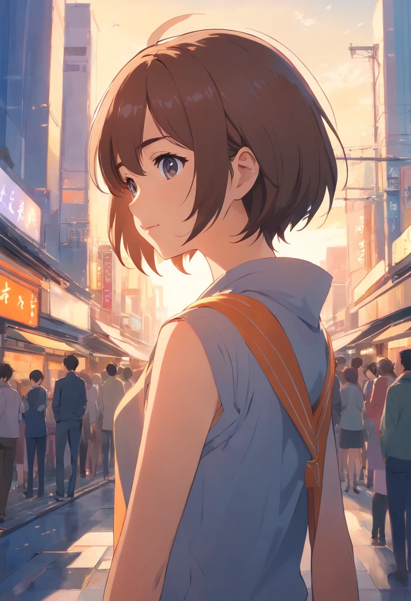 Young woman with short hair Japan、Look back and look up diagonally、slender、onepiece