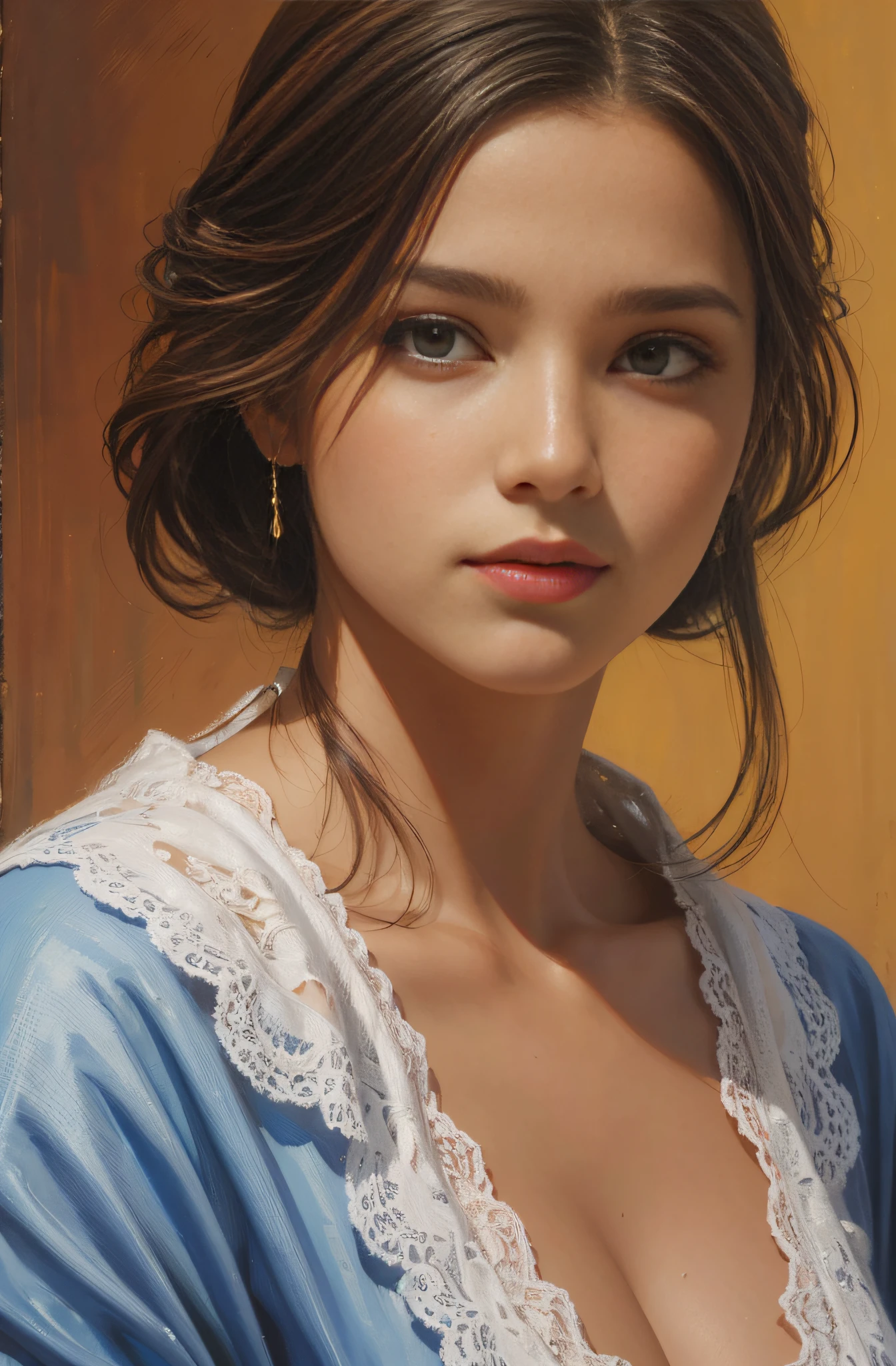 young  woman , sozinha , olhar telespectador ,（tmasterpiece )（HighestQuali） ,1girl，oil painted，realistic oil painting , busto , detalhes claros ,  estilo  Renascentista , Alto realismo , period clothing style ,