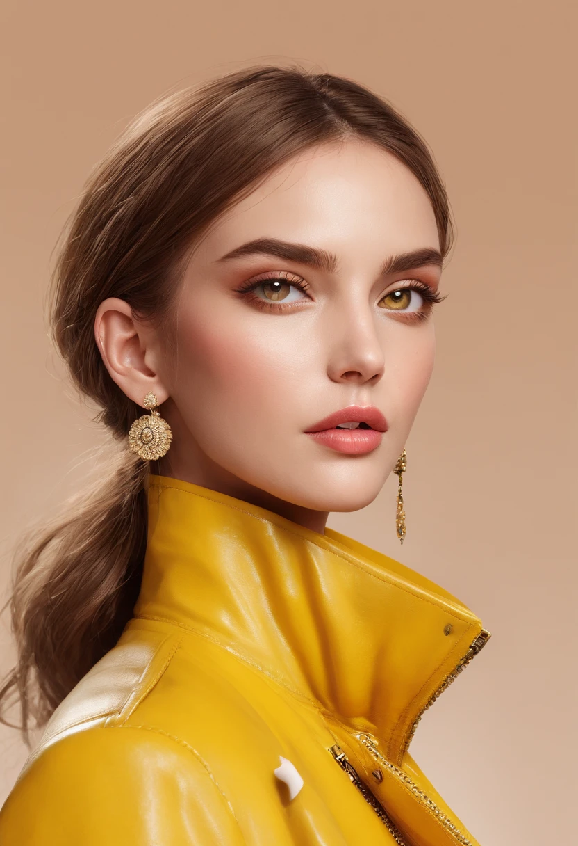 a woman in a yellow jacket and earrings, in style of digital illustration, digital art of an elegant, drawing style, luxury fashion illustration, beautiful yellow woman, illustration style, cartoon style illustration, detailed fashion illustration, trending on artstration, beautiful drawing style, glossy digital painting, digital drawing, detailed woman, stunning art style,upper body