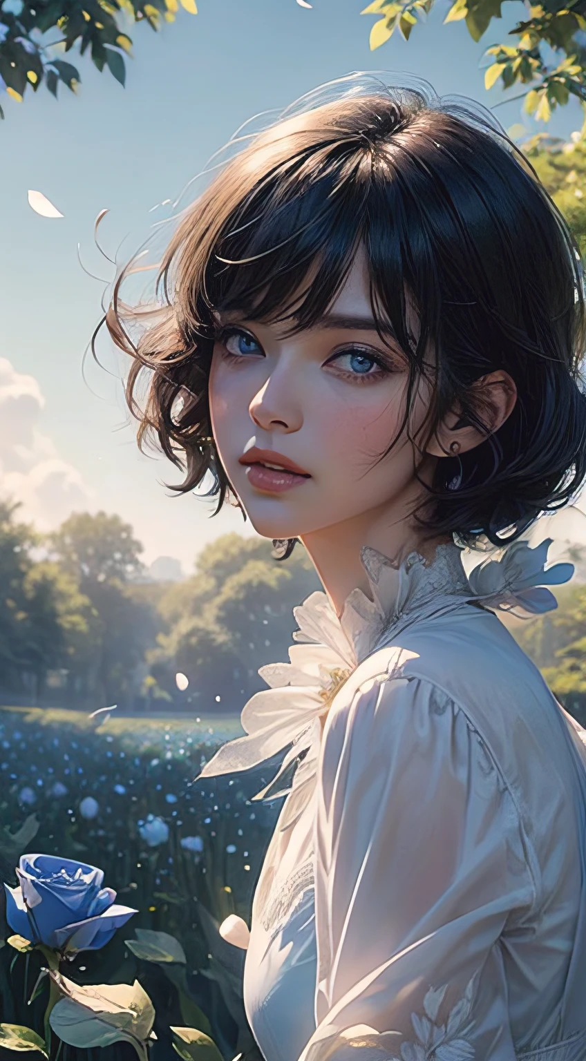 1 mature woman with black short hair with fringe (hair flying on the air) (blue eyes) white and blue princess clothes, (masterpiece), soft sun light, (incredibly colorful), lightning falling on the ground, (ultra high quality), (8K quality), depth of field, ambient lighting, ((soft detail)), blue rose field background (blue rose petals flying on the air), she is ((laying)) in the middle of flower field, white lighting effects, (realistic: 1.3), (max sharp) (detailed face) (detailed eyes), detailed lighting, perfect shadow, Masterpiece, best picture quality, nature landscape full of delicate leaves, petals of various colors slowly falling in the air, lighting excellent enough, overall picture quality very detailed and realistic, best illustration and best shadow effect.