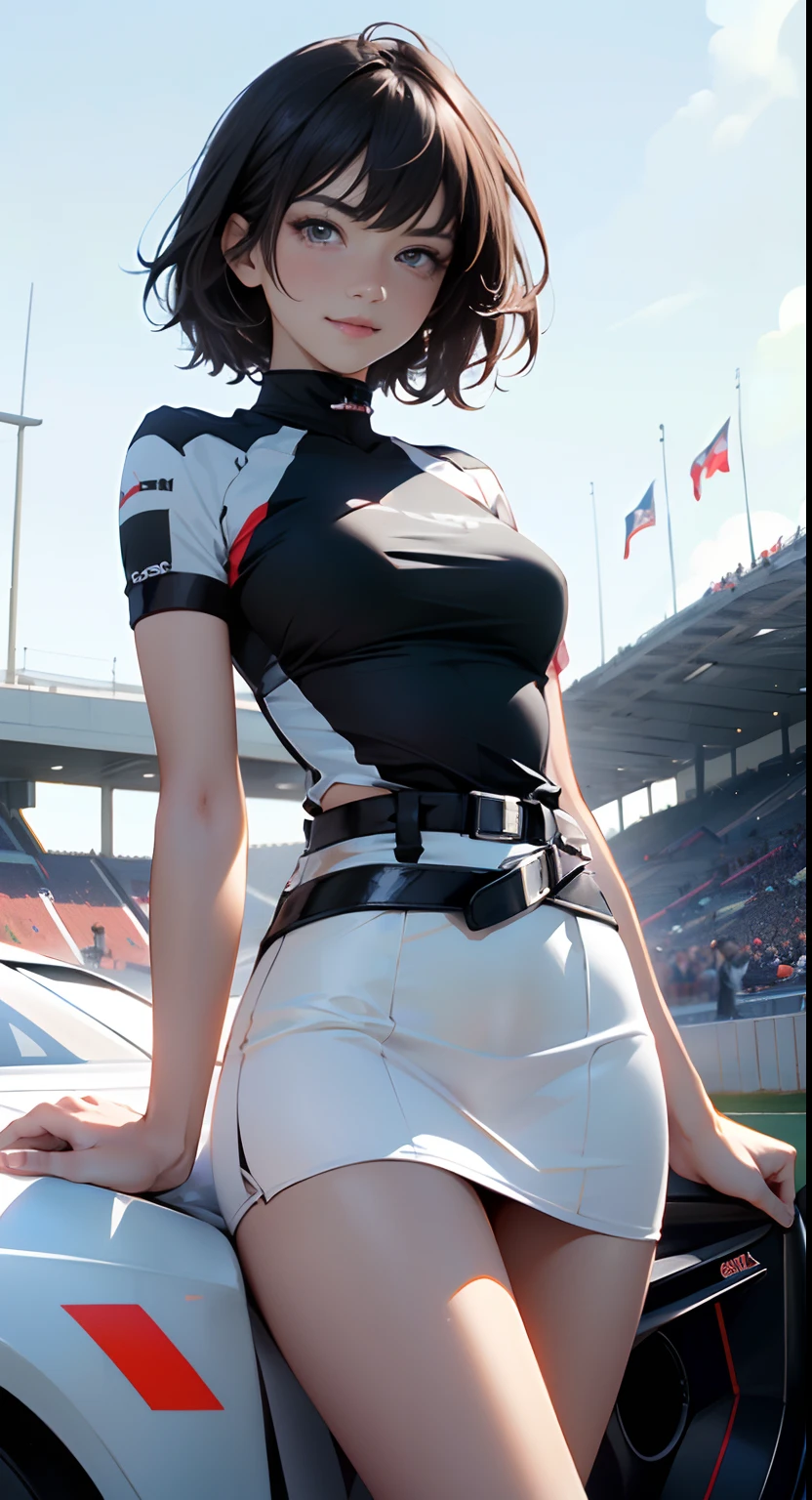 1girl, solo, white polo shirt, white sneakers, tennis wear, white miniskirt, masterpiece, best quality, realistic, hyper-detailed, (shiny skin, sweaty:1.4), absurd, looking at viewer, short black hair, brown eyes, slender, dynamic lighting, high resolution, sharp focus, depth of field, detailed eyes, sharp pupils, realistic pupils, (small breasts:1.6), (thick thighs:1.0), outdoor, sky、Wall Don