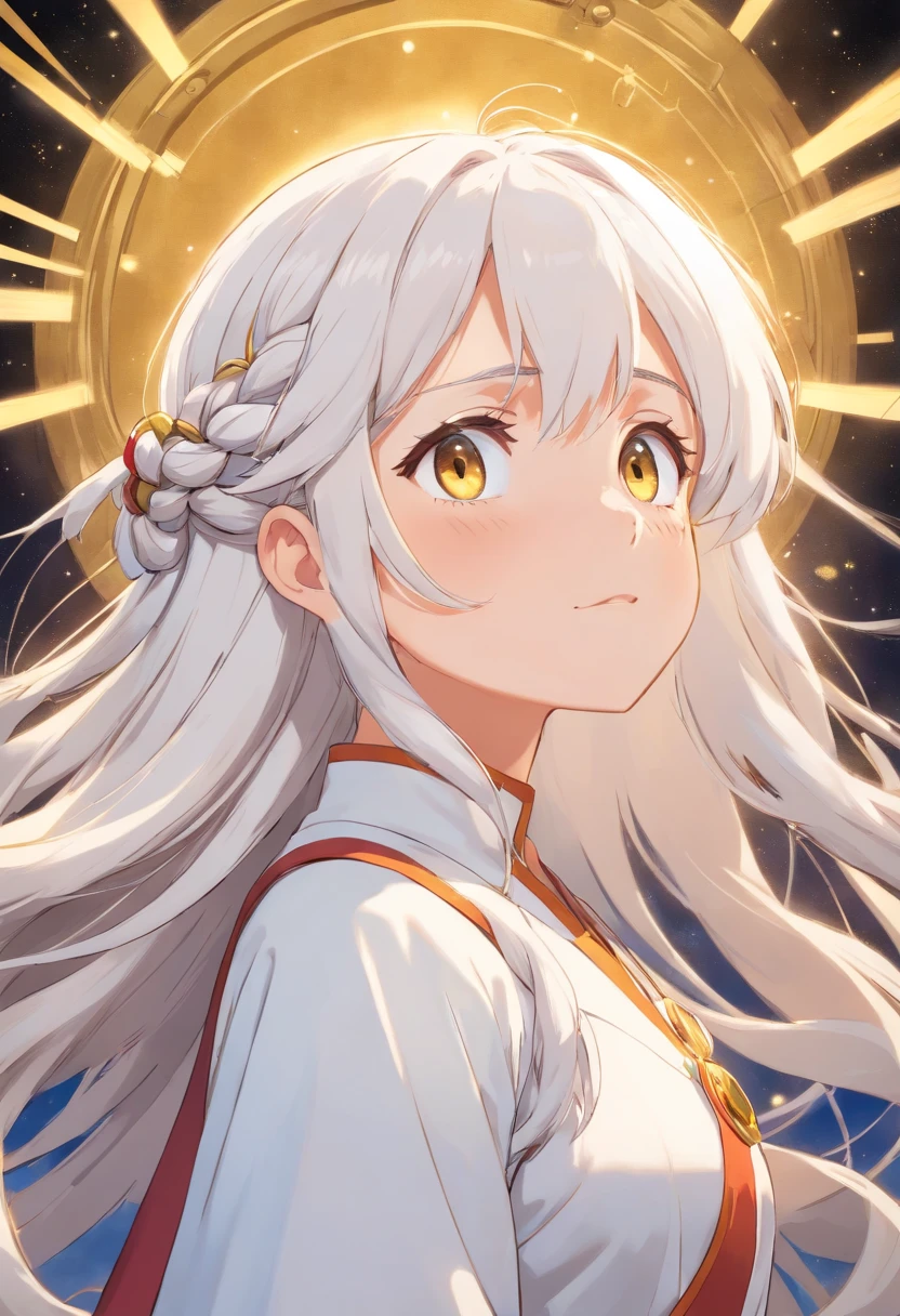 Best Quality, masutepiece,White hair, Gold eyes,White clothes, Looking Up, Upper body,Strands of hair,Fair skin,side braids