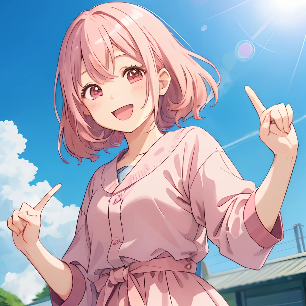 One girl in a cute anime、boyish、A pink-haired、A smile、Closing one eye、They enjoy、Holding up the index finger、Vibrant poses