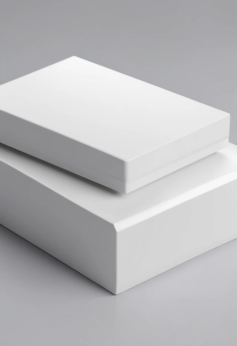 Close-up of white box on gray surface, White box, high quality topical render, all white render, clean 3 d render, on a white table, rendered illustration, 3 d white shiny thick, white space in middle, Renders, 3 d product render, Product rendering, rendering, photorender, depicted as a 3 d render, studio quality smooth render,square shapes