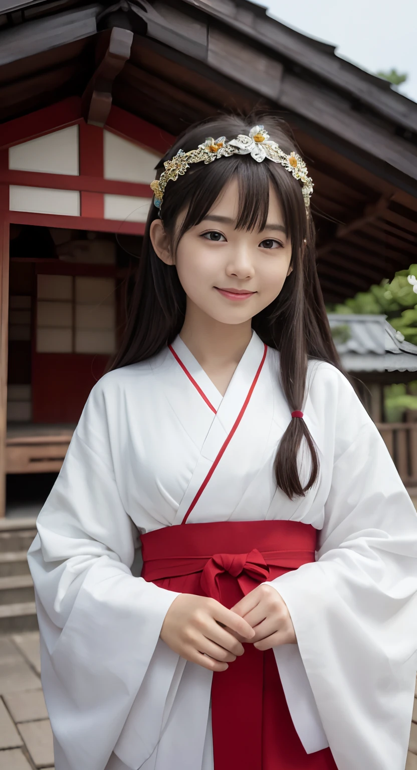 Realな写真、、Japanese high school girl、cute、((((Highest quality、Tabletop、8k、Highest quality)、(Beautiful Japanese Perfect Shrine Maiden:1.1)、(The perfect and most natural white robe of a shrine maiden:1.3)、(The perfect and most natural shrine maiden's red hakama:1.3)、(Gracefully styled hair:1.1)、(Face close-up:1.1)、look at me、最高のsmile、The background is a magnificent and luxurious shrine.。、The majestic and luxurious exterior resembles a real shrine.、A gorgeous and authentic shrine using Niwa lacquerware))、Straight Hair、bangs、Detailed face and body、Natural lighting、High resolution、Photorealistic、(Highest quality、8k、High resolution、masterpiece:1.2)、Super detailed、(Real、Photorealistic、Photorealistic:1.37)、Realな肌の質感、Detailed eyes and lips、Beautifully detailed face、Long eyelashes、Smooth Skin、Slim figure、cute、smile、Young、、、