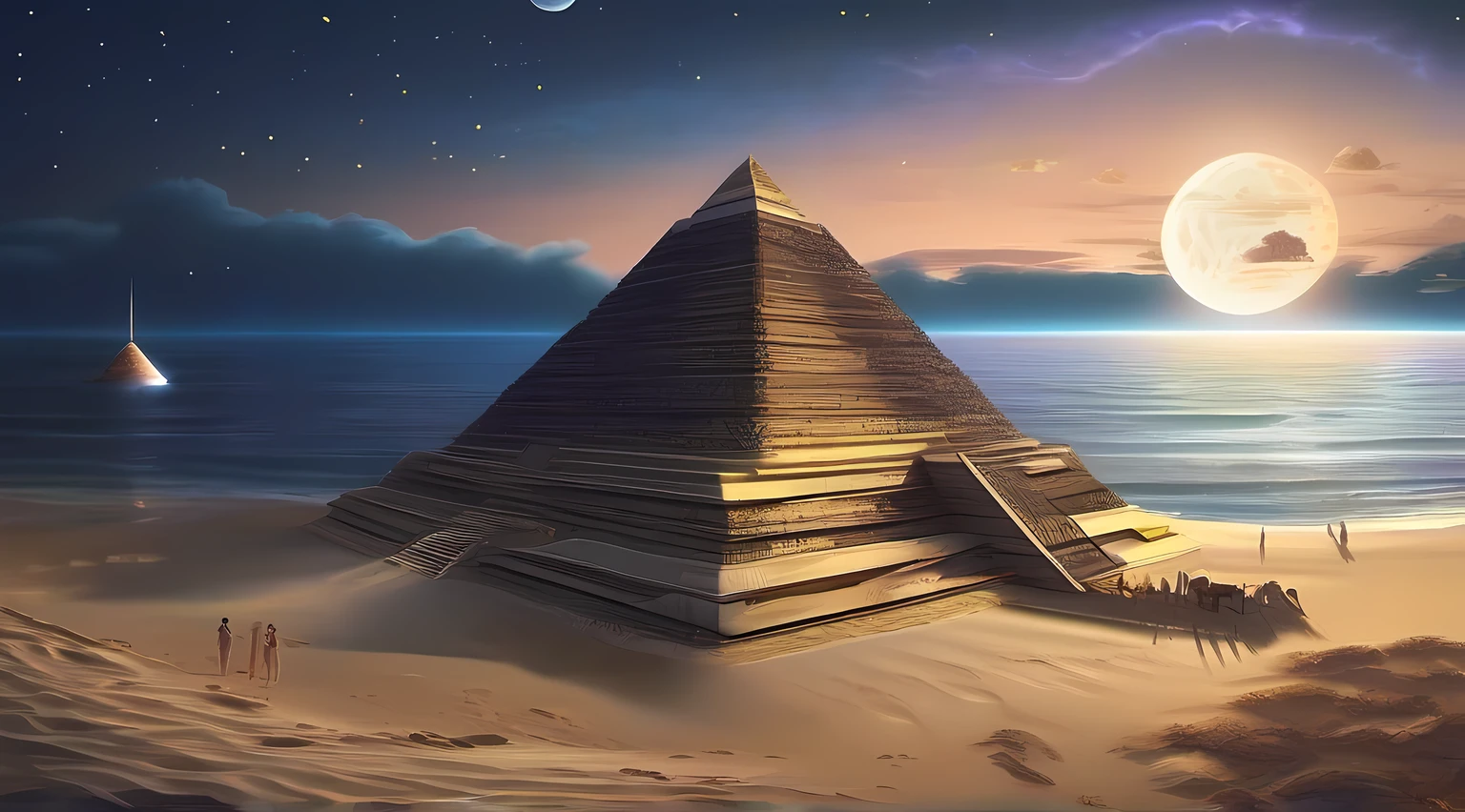 uninhabited island、Pyramid-shaped uninhabited island、sand beach、Mare、the ocean at night、moonlights、Moonlight illuminates the top of the pyramid、fullmoon、starrysky、stele、shooting stars、Meteor swarm、