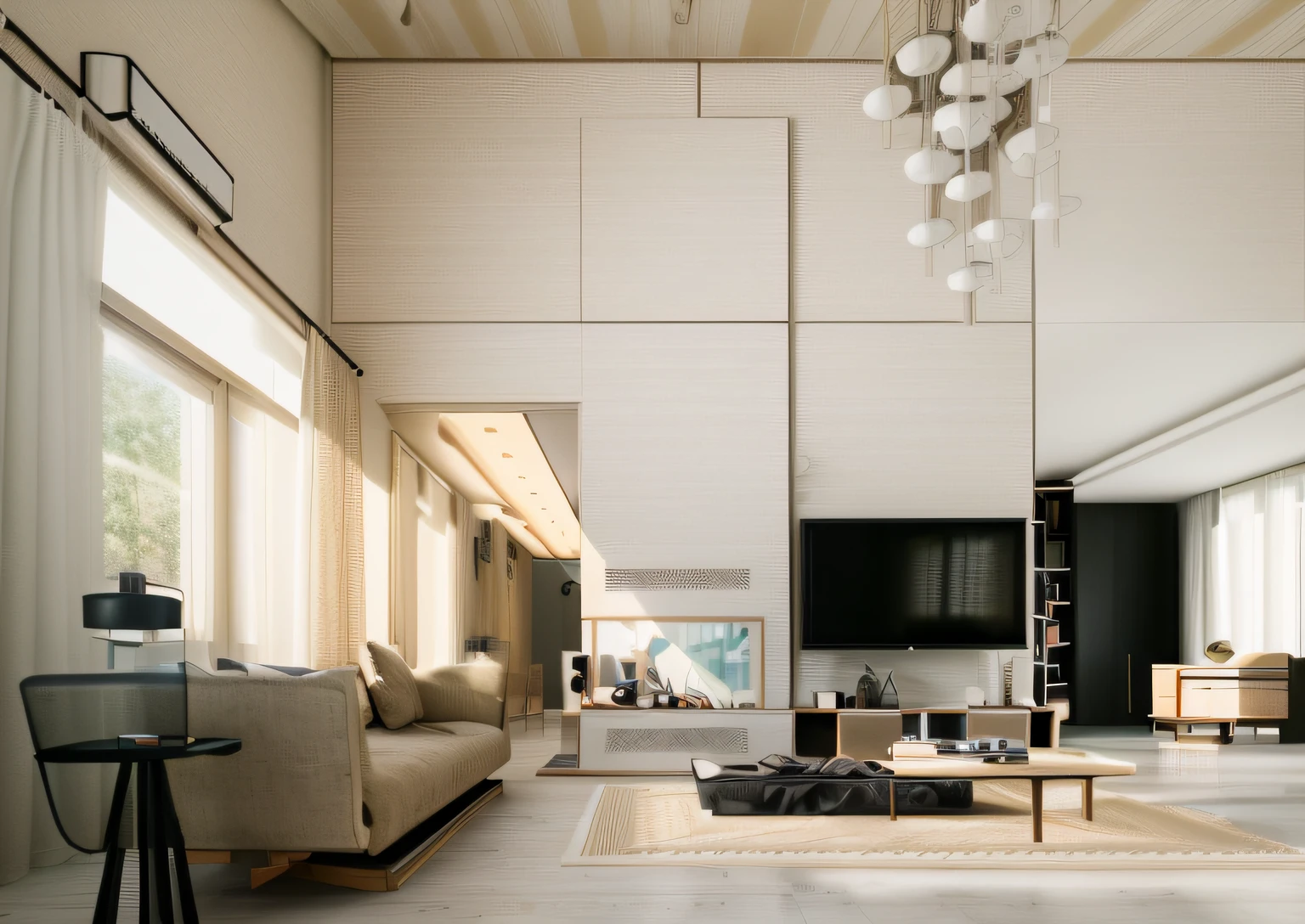 RAW photo, Masterpiece, high quality, best quality, authentic, super detailed, glossy indochina black furniture), minimalist architecture, minimalist bedroom, couch, table, carpet, shelf tv, 1 solid wood door:1.4,((laminated plaster,))), day light)), natural light fromt glass door, archdaily architecture, (high detail: 1.2), 8k uhd, dslr, soft light, high quality, film grain, Fujifilm XT3