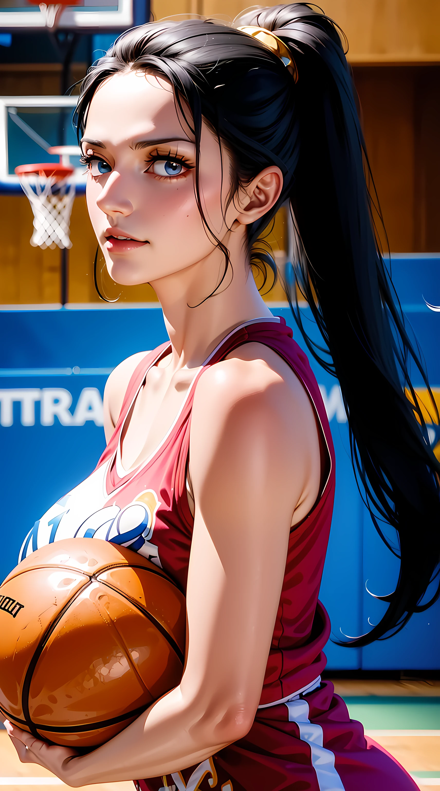 NicoRobinV3, Nico Robin from One Piece anime, long hair, black hair, bangs, ponytail, beautiful, beautiful woman, perfect body, perfect breasts, wearing a basketball jersey, on the basketball court, holding a basketball, basketball hoop, looking at the audience, little smile, realism, masterpiece, textured skin, super detail, high detail, high quality, best quality, 1080p, 16k