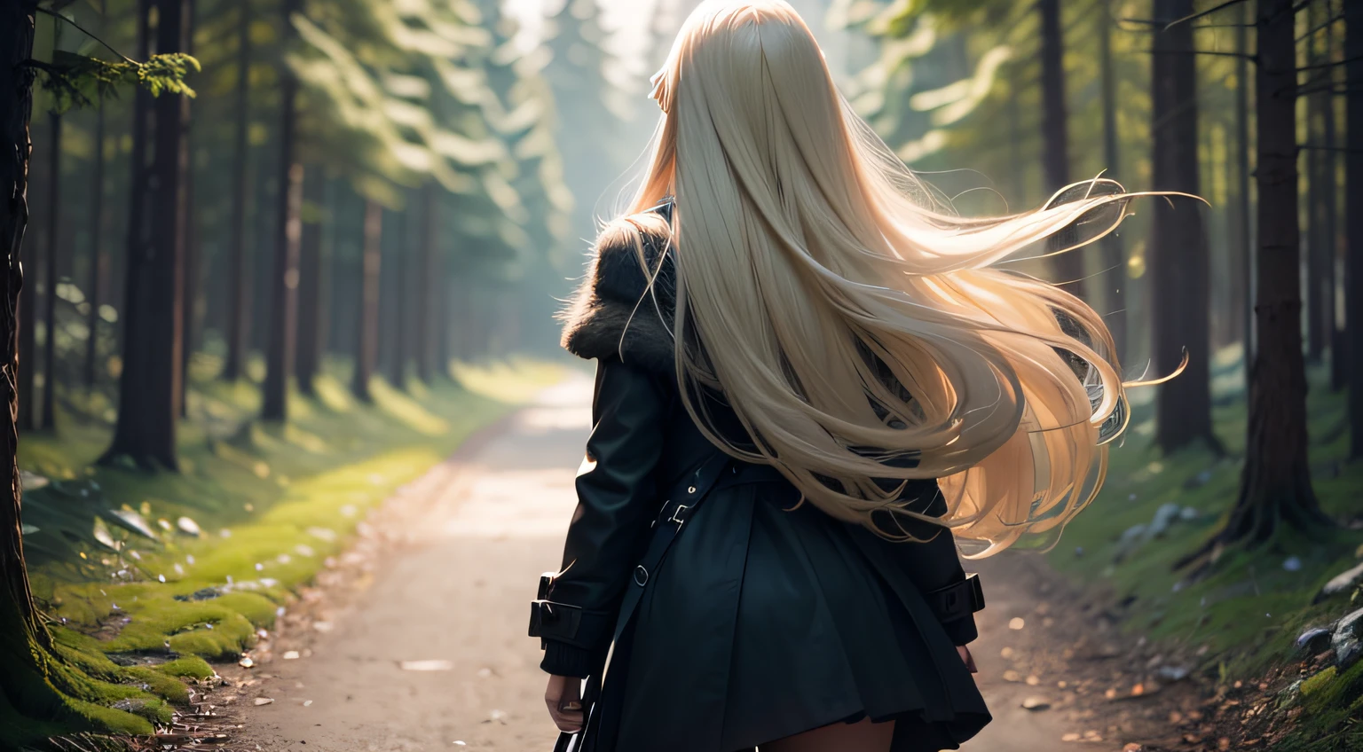 a girl, Russian, long blond hair, seen from behind, black coat and skirt, filming with camcorder, in nature, ultra realistic