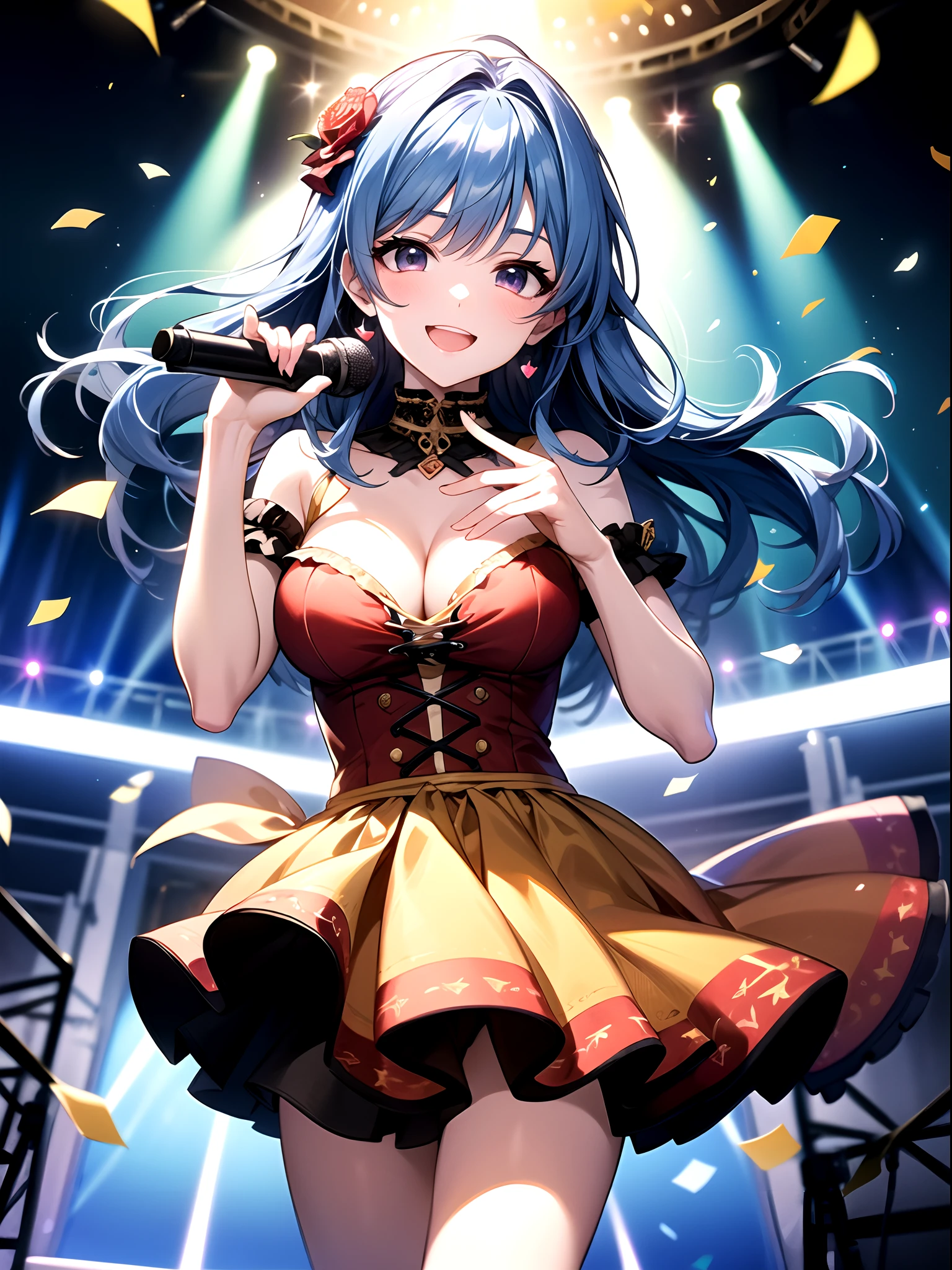 Idol girl in dress dancing on stage with confetti, Long light blue hair、 Black eyes、Detailed key anime art, official artwork, idolmaster, Cute, Gorgeous and cute white and red dress、Hands up、jumpping、hight resolution、The best smile、cleavage of the breast、a frilled 、Shining lighting with neon details、Hold the microphone with your left hand and sing、light reflections、Heart-shaped iris、playful eyes、、