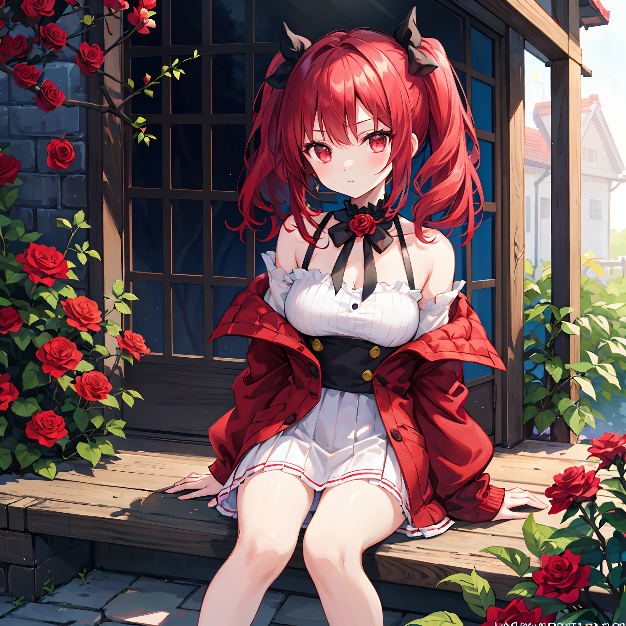 Red hair、Hair is up、red eyes、Beautiful girl alone、off shoulders、a miniskirt、Bright red rose garden、sitting on