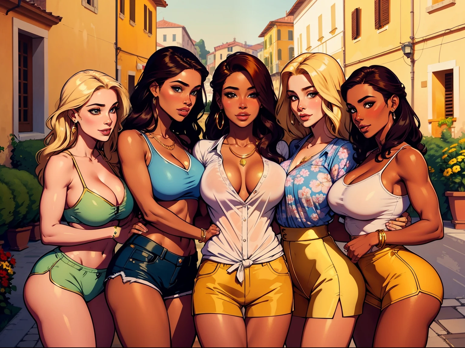 One handsome Chad dressed in a summer shirt and shorts, he is hugging four beautiful racially diverse bitches feeling him and touching him intimately, women dressed for exploring Italy looking very formal and classy and prettywith lots of color, perfect athletic bodies, women: long flowing hair and nice asses, flowers in hair, seductive, materials, golden hour, , jewelry, golden hour, photorealistic, masterpiece, in love, grins, perfect faces, Flirtatious, setting: exploring an Italian villa, harem, big beautiful eyes,