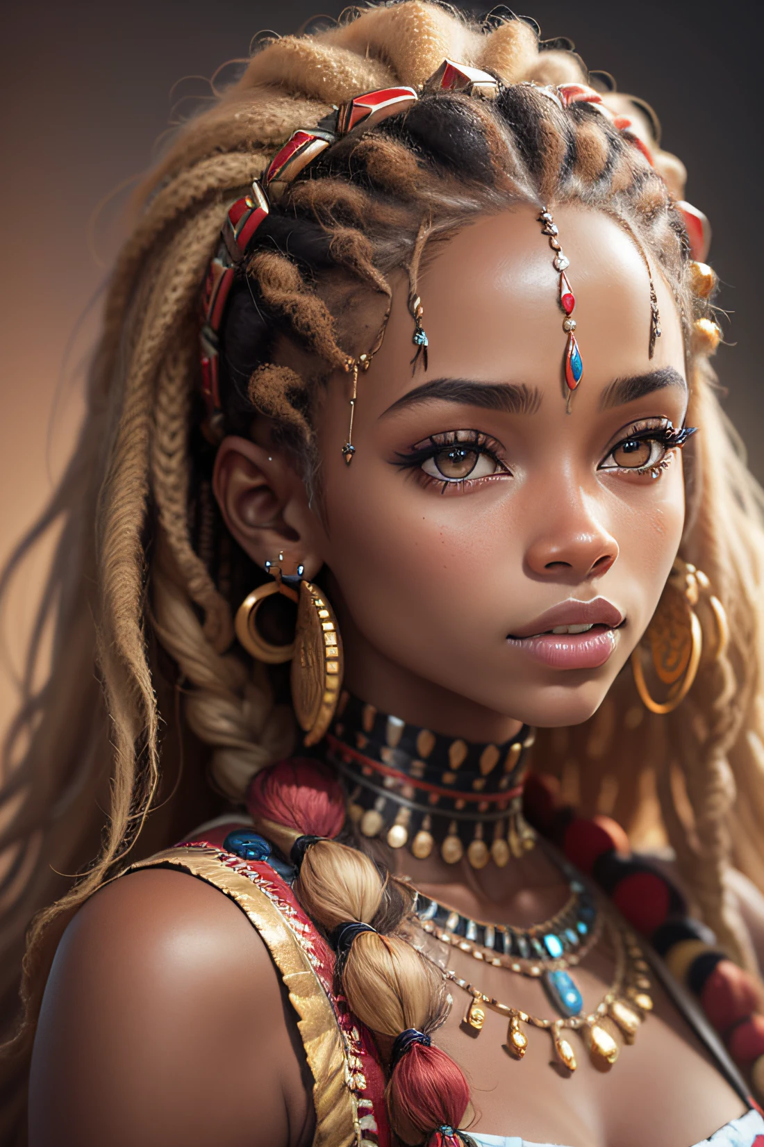 une jeune femme 16 ans, with blonde locks dreadlocks, et un collier oselet sur le cou, Adolescente Himba futuriste, Futuriste Himba Jeune Femme, Belle femme Himba futuriste, very realistic digital art, very realistic digital art, Superbe princesse africaine, Hyper-realistic faces, Beautiful and realistic faces, Hyper realistic digital art, Himba coiffure, Traits du visage africains, Princesse noire africaine, Ultra realistic digital art