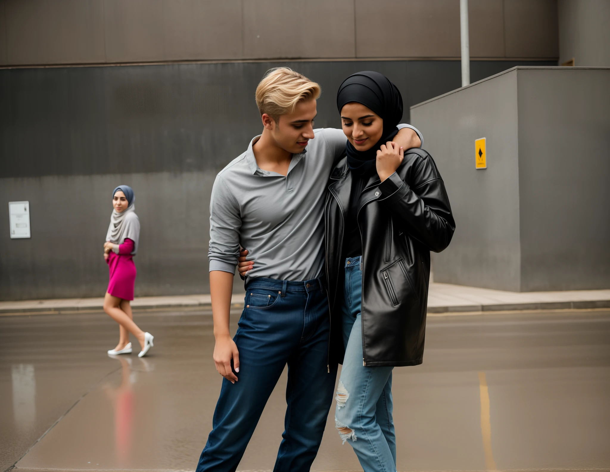 he is wearing rough cotton jeans, he has matte cotton jeans on, there is a love couple standing in love on the street, a muslim woman in a laquered puffy coat, a muslim woman with a shiny headscarf and a laquered downcoat, they are standing very close together, she looks at him in love, his hand is lying on her shoulder, arm-in-arm, she has her hand around his waist, she is wearing shiny leather pants, she is grabbing his waist, a shorthaired man in a matte tanktop and rough jeans, a shorthaired blond man in rough jeans, a muslim woman in shiny leather pants, a shorthaired blond man in a matte tanktop, a hijabi woman with a very enamored facial expression, a muslim woman in a high shine black down-coat, they are standing arm-in-arm, there is a headscarfed attractive woman wearing a high-shine down-coat, a wetlook puffer-coat, a muslim woman is dreaming with an enamored facial expression, a muslim woman is holding her shorthaired loverboy, there is a boy in rough jeans and a matte tanktop hugging a headscarfed woman that is wearing a very shiny padded laquered coat, a shorthaired blond boy has an enamored facial expression, there is a muslim woman hugging her shorthaired loverboy, a enamored blond and shorthaired boy is standing very close together with a woman with hijab, he grabs her shoulder, he has his arm around her shoulder, his hand is on her shouder, a enamored looking hijabi woman ia carrying her loverboy, masterpiece, jeans, boy in a matte cotton tanktop, super detailed background, detailed face, brown eyes, enamored expressions, love scene, loving pose, enamored pose, dramatic pose, hands detailed hands, fingers:5, they are walking in the street together in the rain