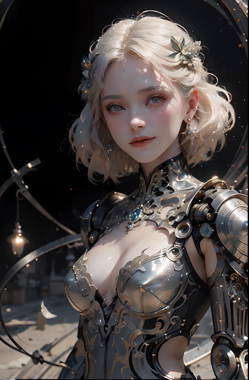 photore，sportrait，Complex 3D rendering of beautiful and charming biomechanical female robot，Has a porcelain finish、simulating、Beautiful natural light、rim-light、1 5 0 mm lens、an aztec warrior、feater、nipple piercing、Aztec tattoo、flor branca、Vanilla leaves and stems、Meandering roots、white blossoms、Fine-leaved lace、steampunc、Silver-gold filigree detailing、alexander mcqueen haute couture、Pearl earrings、Art Nouveau embroidery、Hexagonal network cable、Mandelbro fractal、face muscles、cable wires、micro Chip、ellegance、Beautiful natural light, Studio lights, rim-light, The is very detailed, ultra-realistic realism, Sharp, rendering by octane, HR Giger style, Volumetriclighting, 8 k post production, God floating on fire[The discovery of wormholes leads to a new world|The cursed prince must marry the Void]，[sci-fy：fanciful：0.6]cinmatic lighting，detailedbackground，at centre，Michael Bay style，insane detailed，k hd，concept-art，number art，with dynamism，（The most beautiful art in the world：1.2），（V0id3nergy：1.3）
