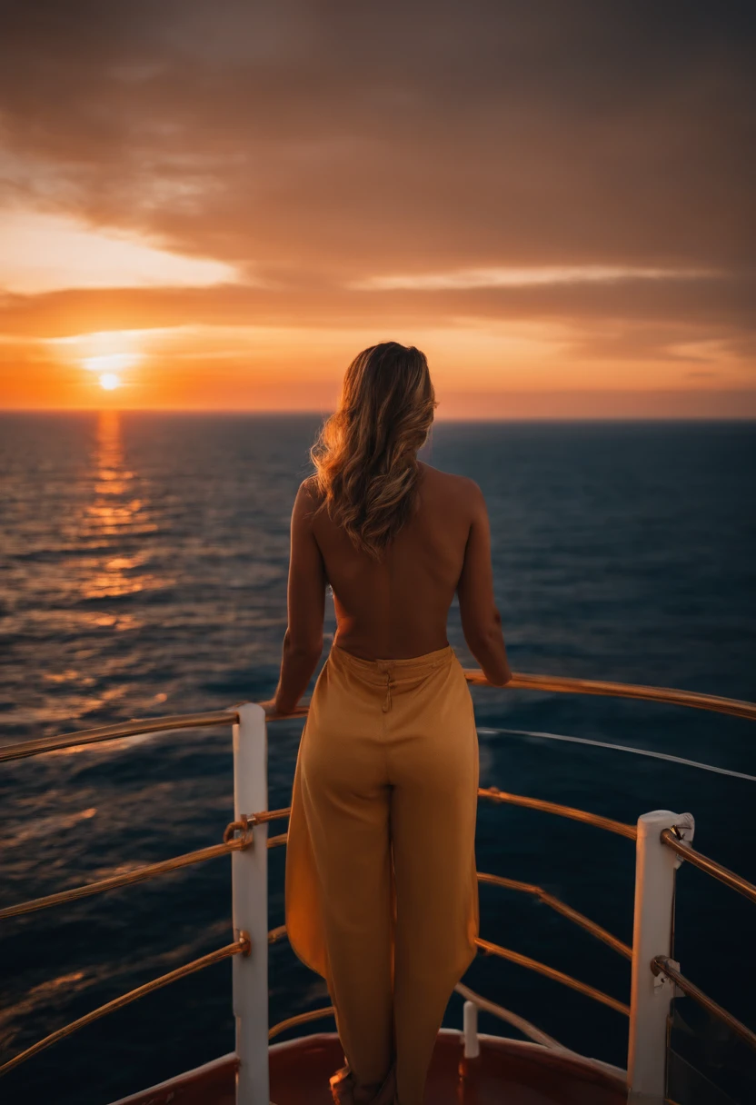 A Caucasian woman is standing on a deep-sea oil rig, with the ocean horizon as far as the eye can see and the sunset in the background