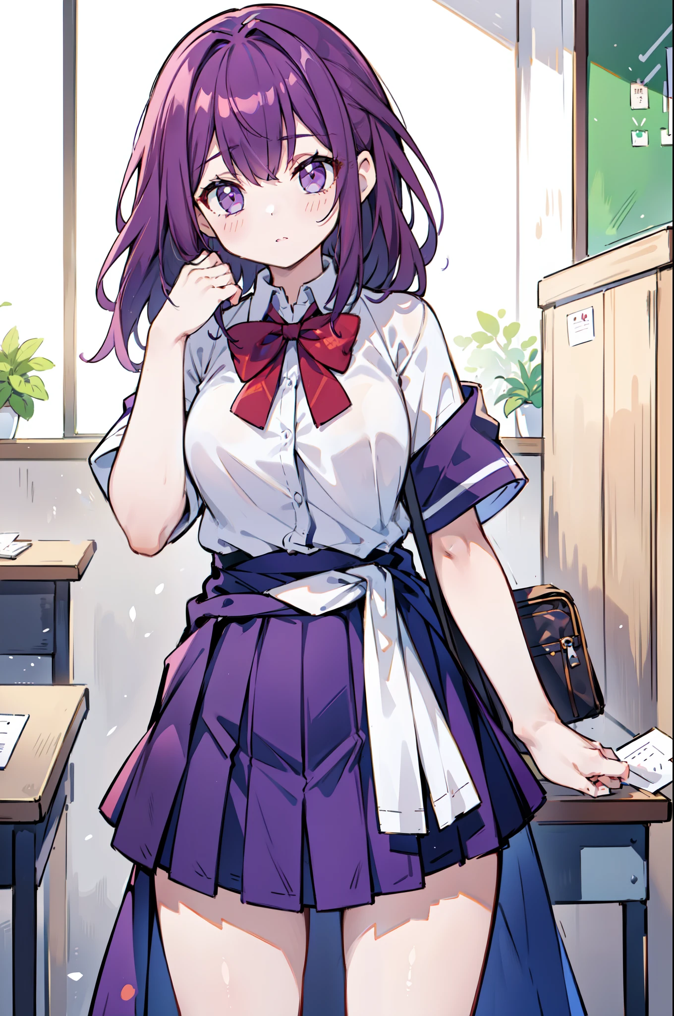 (1 girl in)、Long dark purple hair with two sides up、student clothes、Inside the classroom、((Drawing the head from the waist))、Masterpiece and top quality