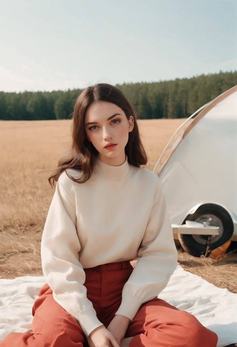 analog photography, grain film, vintage photo, portra 400, flash, in the style of lo-fi aesthetics:: a girl sitting near a camping trailer, light beige and red