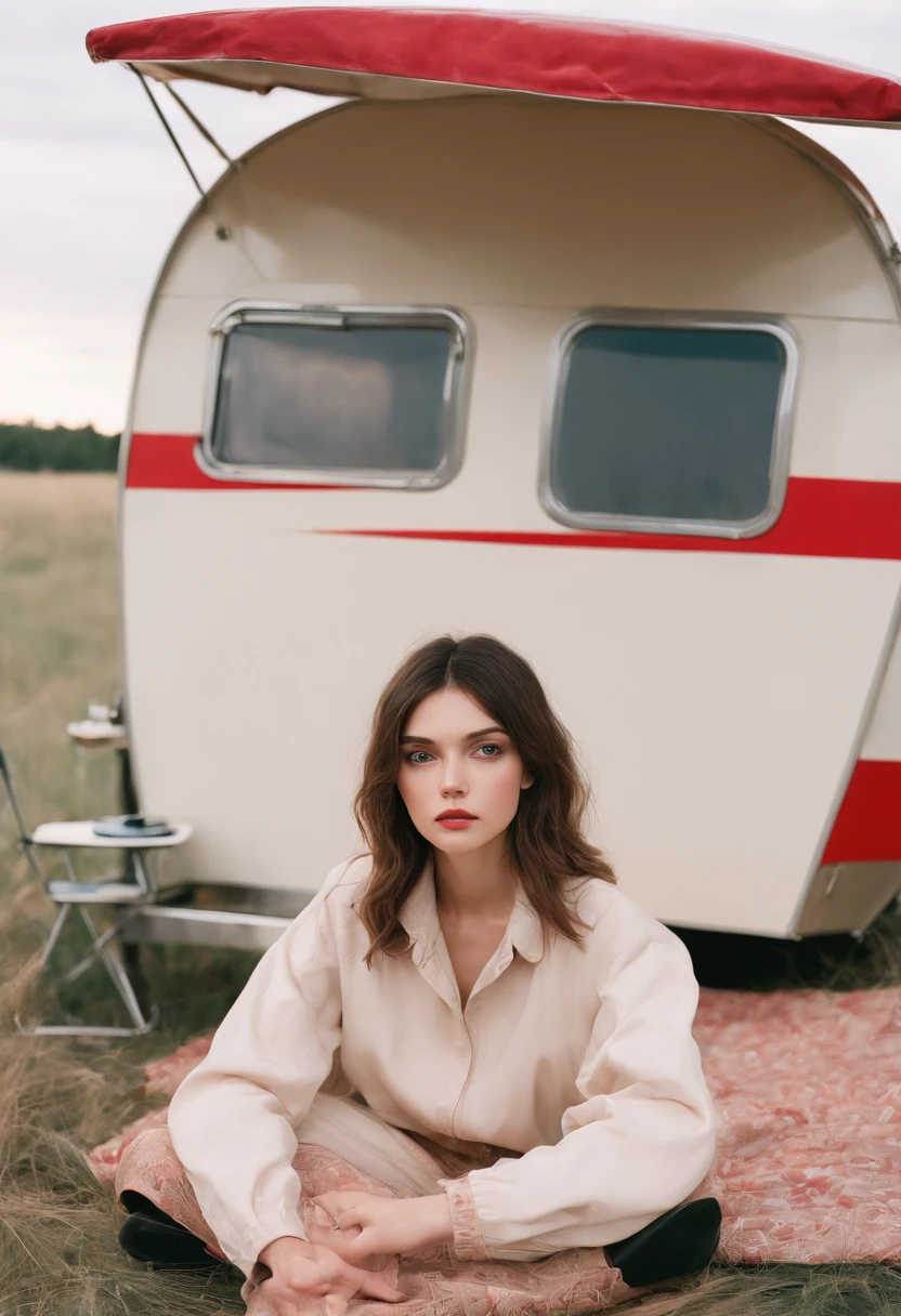 analog photography, grain film, vintage photo, portra 400, flash, in the style of lo-fi aesthetics:: a girl sitting near a camping trailer, light beige and red