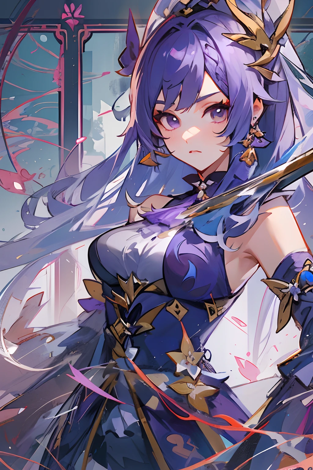 anime girl with purple hair holding a sword and a purple object, a character portrait by Yang J, trending on cg society, fantasy art, ayaka genshin impact, ayaka game genshin impact, detailed digital anime art, keqing from genshin impact, zhongli from genshin impact, best anime 4k konachan wallpaper