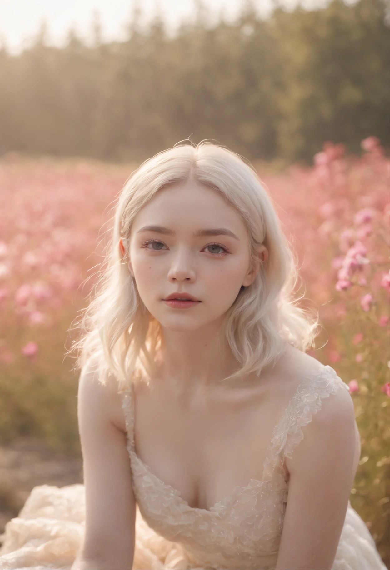 Very short hairstyle、tiarra、 fat girl、Cosmos Field、(((Cosmos blooms profusely)))、(((cosmos)))、Autumn sunshine pouring down from behind、The atmosphere of Elle Fanning、cotton dress、(((thighs thighs thighs thighs)))、bare-legged、white hair、Curly、angry looking face、12-yeaoldl、shohaired、soft sunlight、(((birdseye view)))、Sauce order、up of face、Kamimei、(((hitornfreckles)))