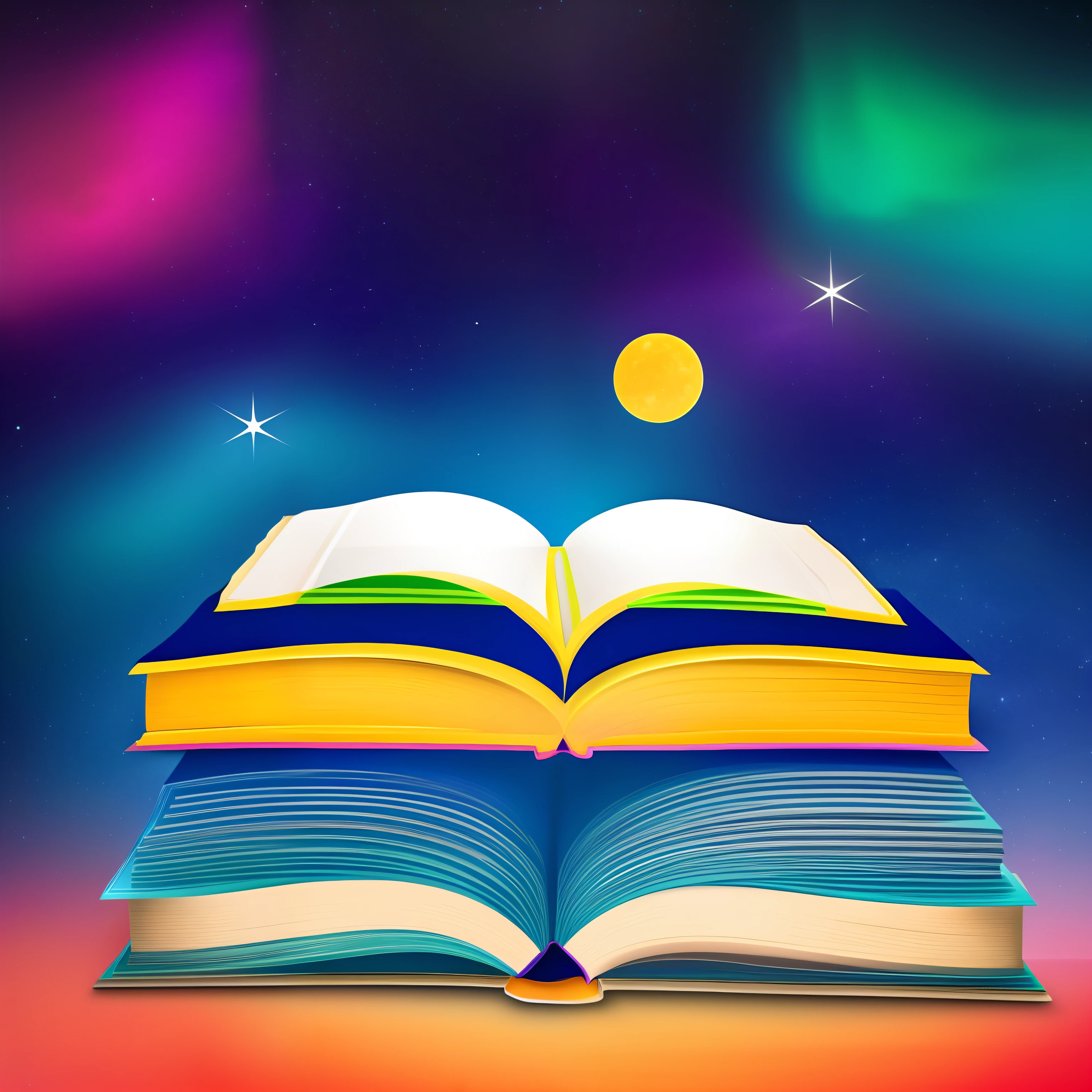 a book, open book, colorful pages, vibrant colors, simple hand-drawn, eye-catching book, centered, beautiful night sky background