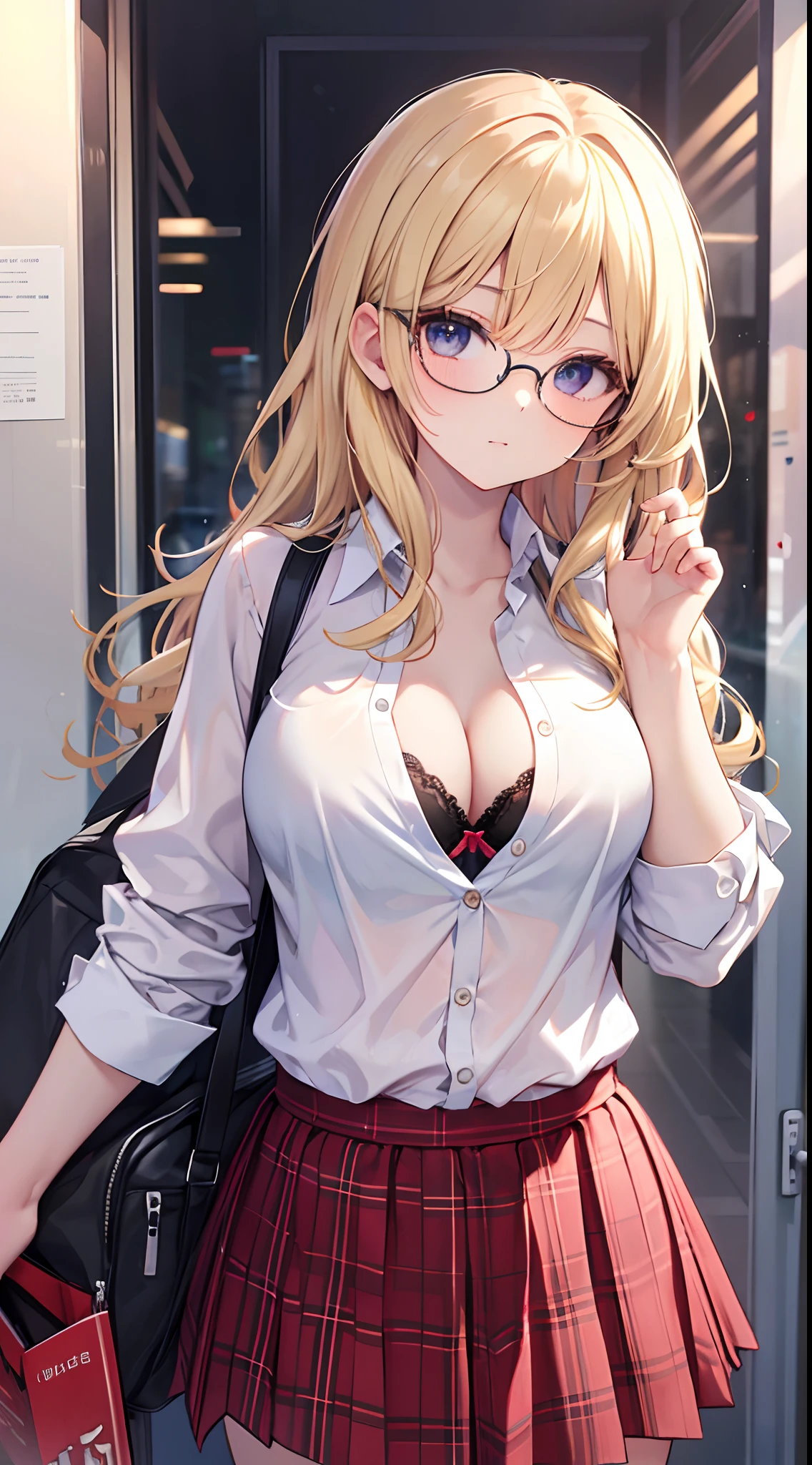 ​masterpiece, top-quality, hight resolution, SA1, blonde  hair, eye glasses, 校服, white  shirt, skirt by the, plaid skirts, open-shirt, bra very,perfect hand