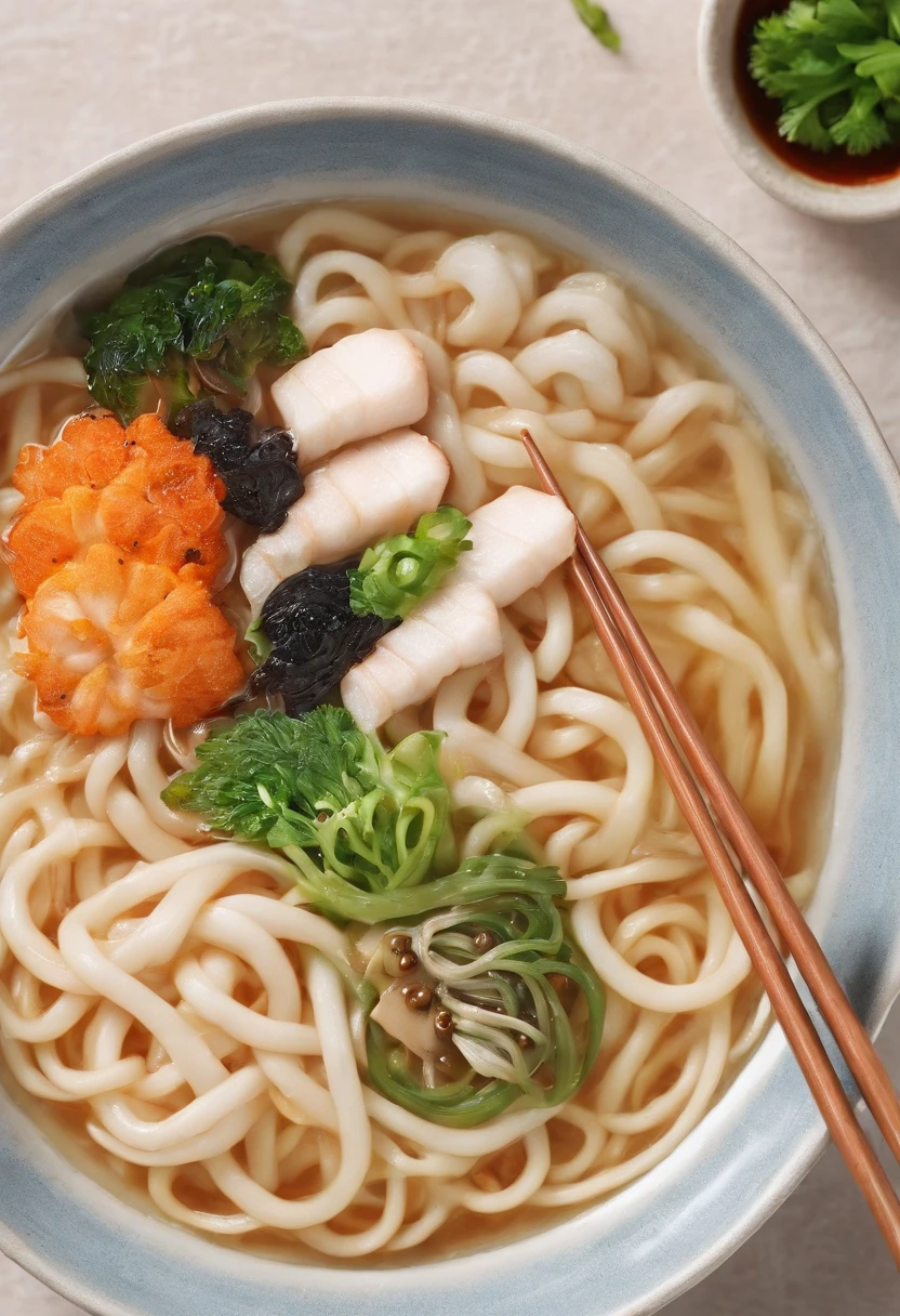 Kitsune Udon、Lift the noodles with chopsticks、up long、steam、Looks hot、View from directly above