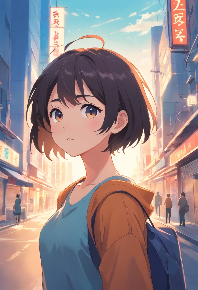 A very surprised face、Obliquely up、Look back and look up diagonally、Young woman with short hair Japan、slender、onepiece