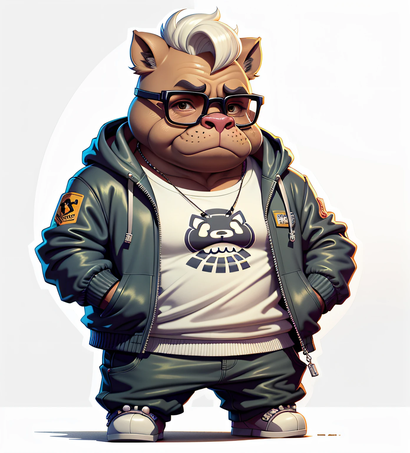 C4tt4stic,Cartoon hippo with jacket and fashionable glasses,,Handsome pose,White background