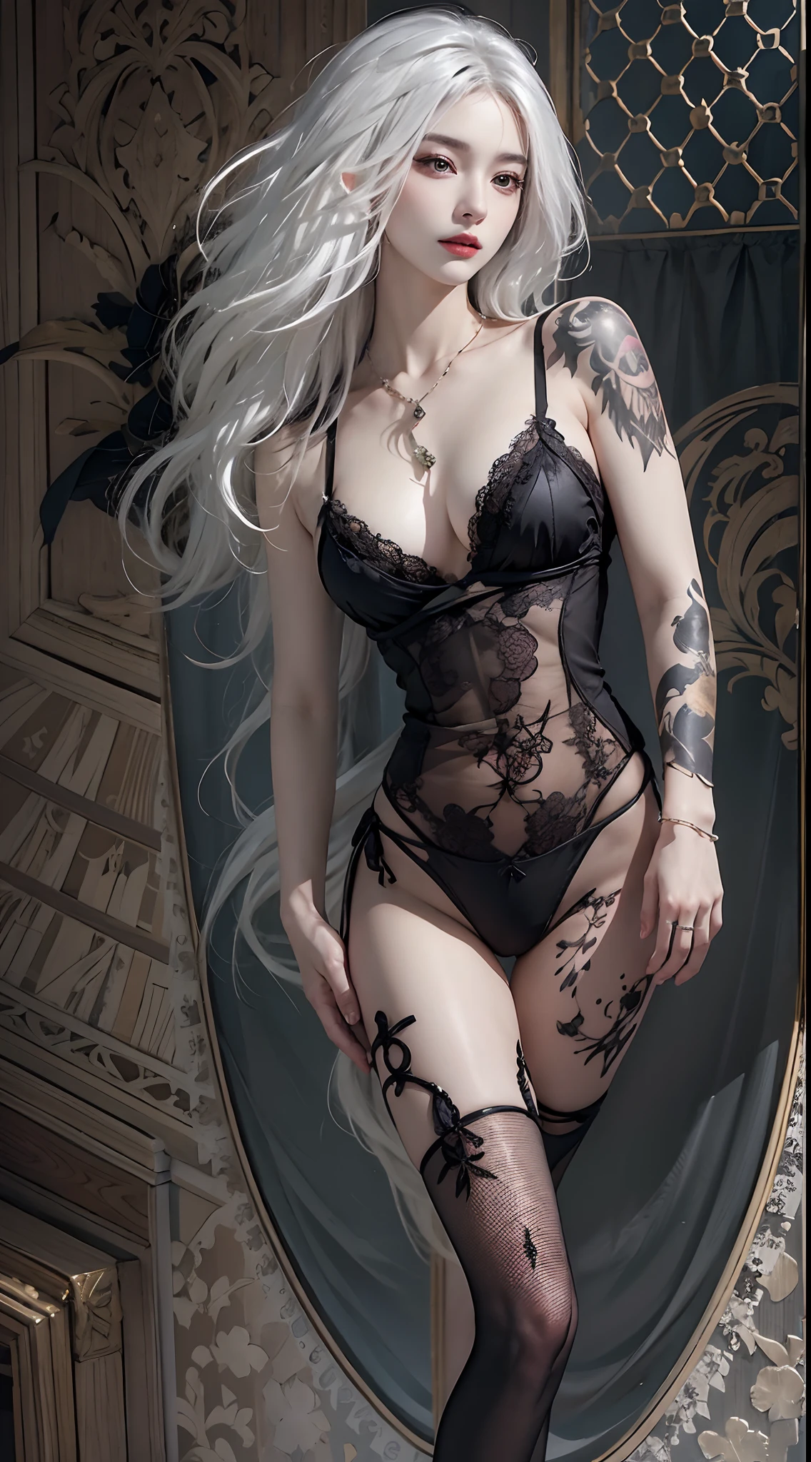 photorealistic, high resolution, 1women, mature female, solo, hips up, long hair, tattoo, white hair, black lace leotard