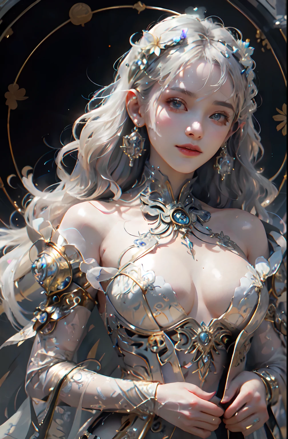 photore，sportrait，Complex 3D rendering of beautiful and charming biomechanical female robot，Has a porcelain finish、simulating、Beautiful natural light、rim-light、1 5 0 mm lens、an aztec warrior、feater、nipple piercing、Aztec tattoo、flor branca、Vanilla leaves and stems、Meandering roots、white blossoms、Fine-leaved lace、steampunc、Silver-gold filigree detailing、alexander mcqueen haute couture、Pearl earrings、Art Nouveau embroidery、Hexagonal network cable、Mandelbro fractal、face muscles、cable wires、micro Chip、ellegance、Beautiful natural light, Studio lights, rim-light, The is very detailed, ultra-realistic realism, Sharp, rendering by octane, HR Giger style, Volumetriclighting, 8 k post production, God floating on fire[The discovery of wormholes leads to a new world|The cursed prince must marry the Void]，[sci-fy：fanciful：0.6]cinmatic lighting，detailedbackground，at centre，Michael Bay style，insane detailed，k hd，concept-art，number art，with dynamism，（The most beautiful art in the world：1.2），（V0id3nergy：1.3）