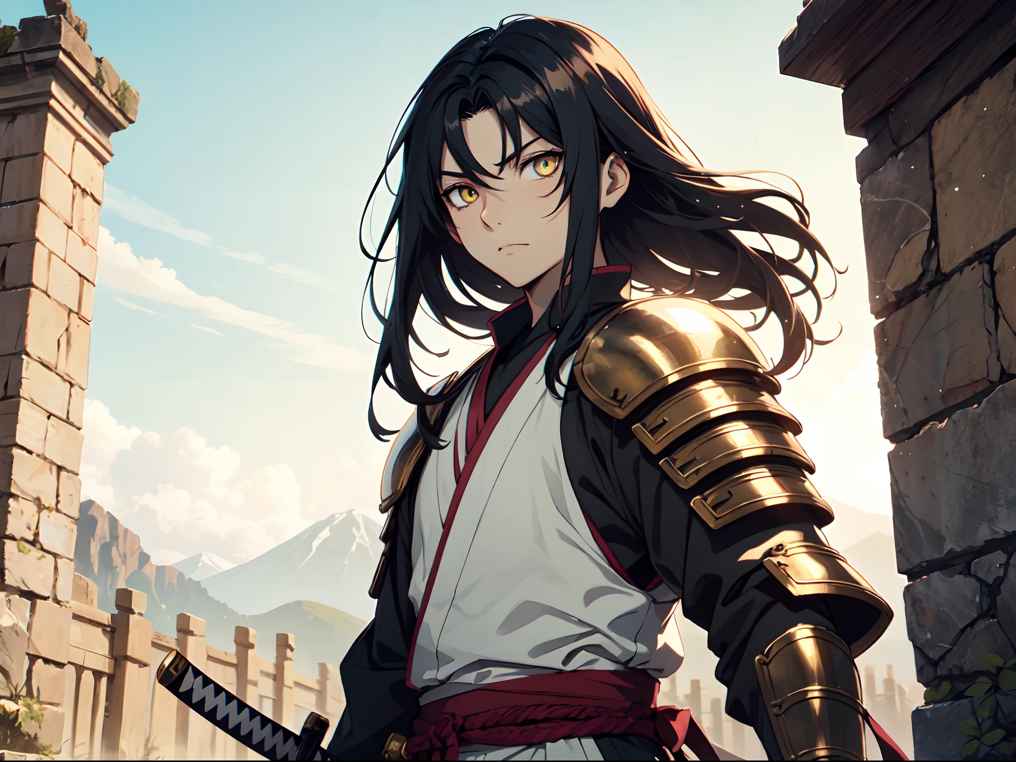 1 boy, Kingdom anime, armored with Samurai armor, holding katana, ultra high definition, 8k, handsome,black and yellow pupil eyes, long black hair, ancient kingdom background