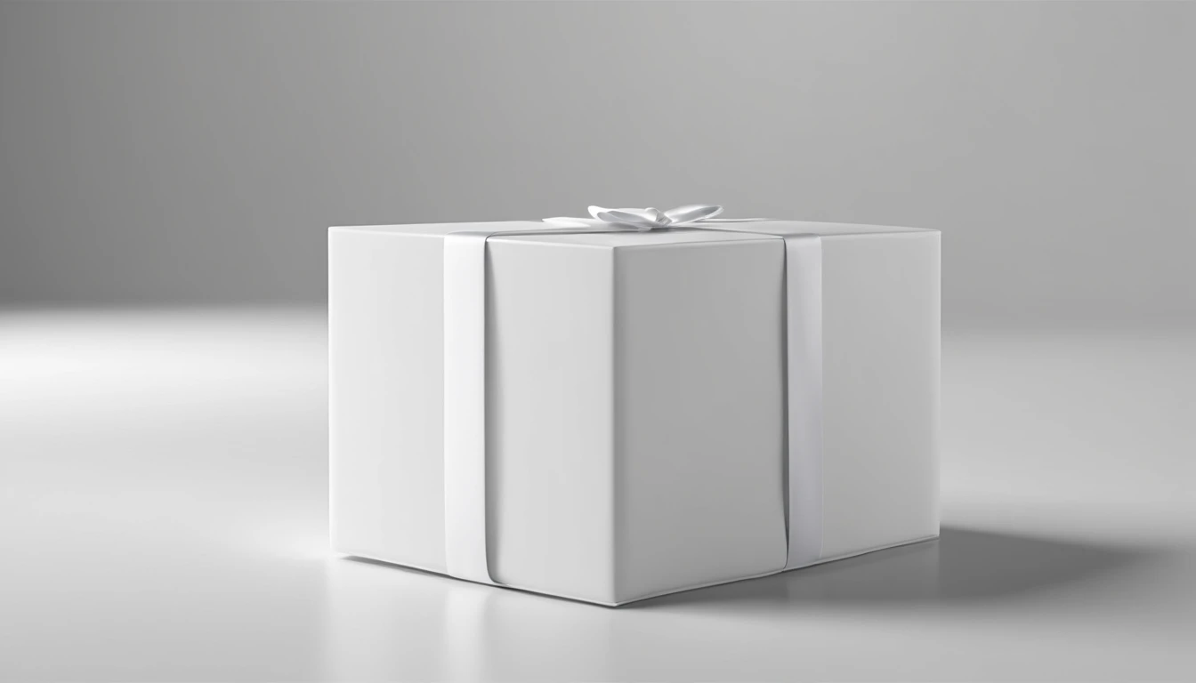 Generate an image of a lifelike present wrapped in glossy paper, standing alone on a pristine white background.