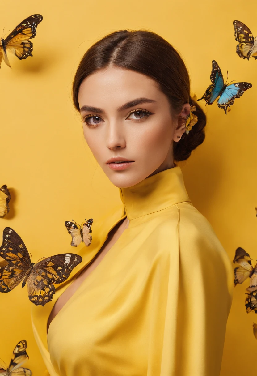 araffe woman in yellow dress standing in front of a wall with butterflies, a portrait inspired by national geographic, pexels contest winner, street art, yellow butterflies, butterflies, yellow clothes, butterfly, fine art fashion photography, harmony of butterfly, butterflies in the foreground, on a yellow canva,fashion photography, shades of yellow, karla ortiz,medium shot