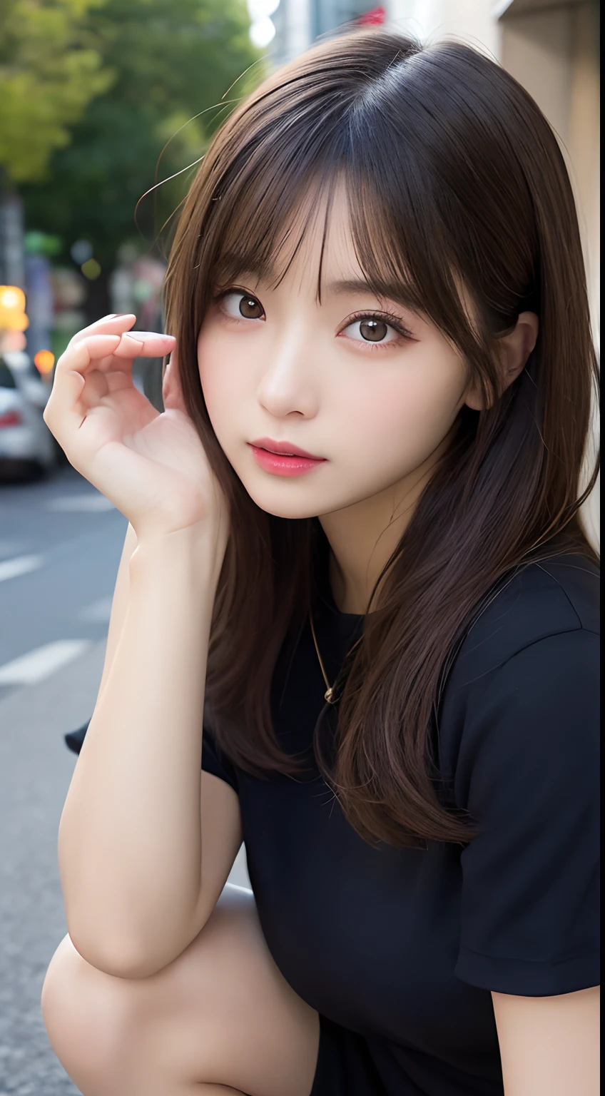 finely detail, hight resolution, hightquality、Perfect dynamic composition, Beautiful detailed eyes, Medium Hair, small tits、Natural Color Lip,Kamimei、Shibuya、20 years girl、1 persons、Transparent skin、Glowing hair、masutepiece, Best Quality, Illustration, Ultra-detailed, finely detail, hight resolution, 8K、The correct state of the human body、crouching down、Gravure Model Pose