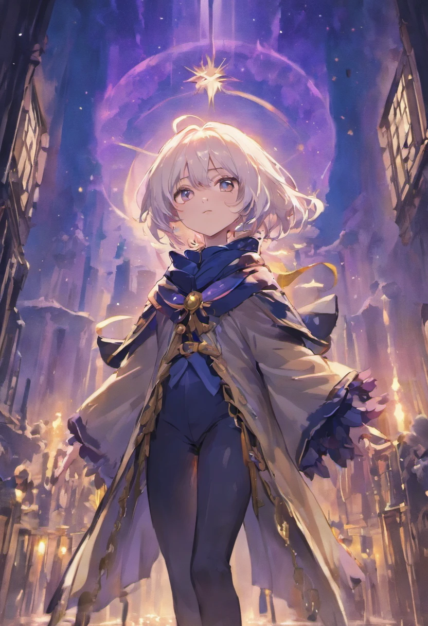 White hair, undercut hair, gold eyes, 18 years old, dark navy cloak, purple long sleeve underneath, blue navy pants male, small smile, holding a long cane that doubles as a walking stick. Its handle is embellished with a floral pattern and features a large knuckle guard that reaches down the bottom of the handle. In the balcony in the middle of the night looking up at the sky, side camera.