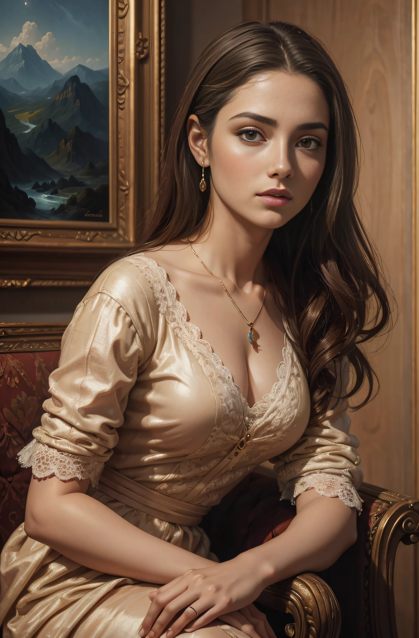 young  woman , sozinha , olhar telespectador ,（tmasterpiece )（HighestQuali） ,1girl，oil painted，realistic oil painting , busto , detalhes claros ,  estilo  Renascentista , Alto realismo , period clothing style ,