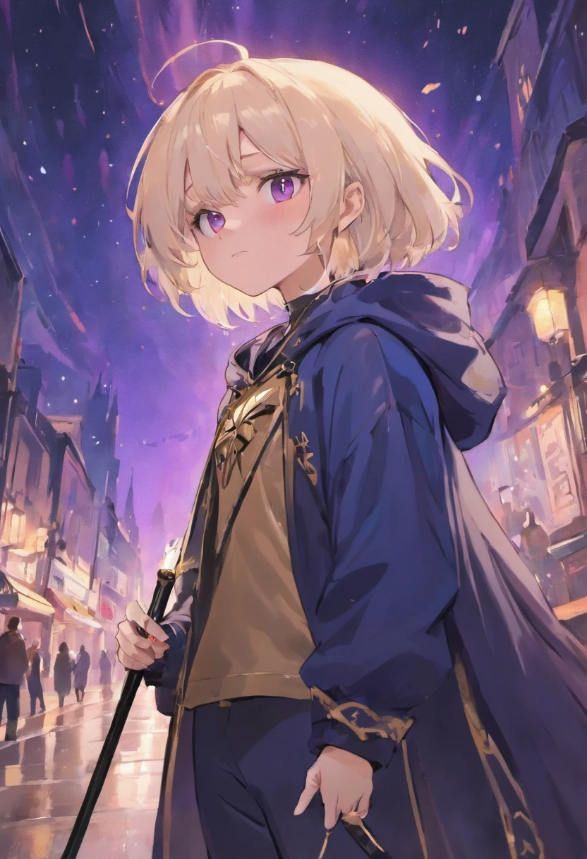 White hair, undercut hair, gold eyes, 18 years old, dark navy cloak, purple long sleeve underneath, blue navy pants male, small smile, holding a long cane that doubles as a walking stick. Its handle is embellished with a floral pattern and features a large knuckle guard that reaches down the bottom of the handle. In the balcony in the middle of the night looking up at the sky, side camera.