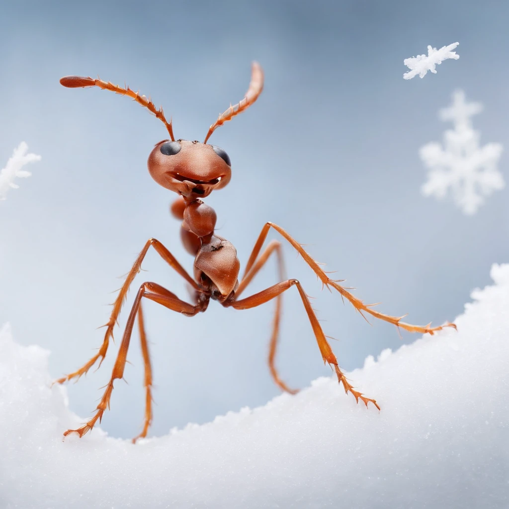 an ant standing on the snowy land is trying to touch the snowflake dropping from the air
