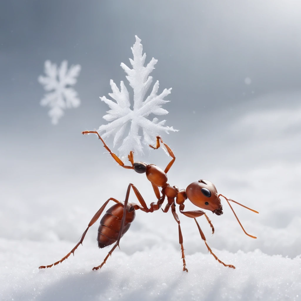 an ant standing on the snowy land is trying to touch the snowflake dropping from the air